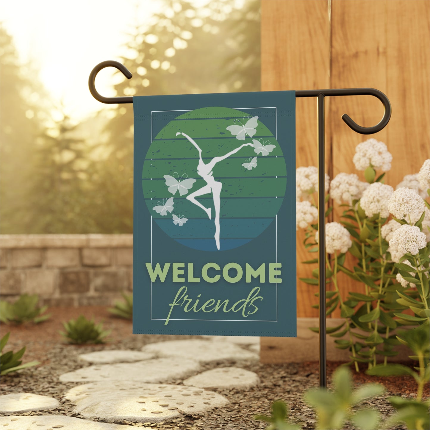 home/garden flag - 12"x18" indoor/outdoor - double sided - DMB - teal welcome friends - butterflies - sleeve at top -*POLE NOT INCLUDED