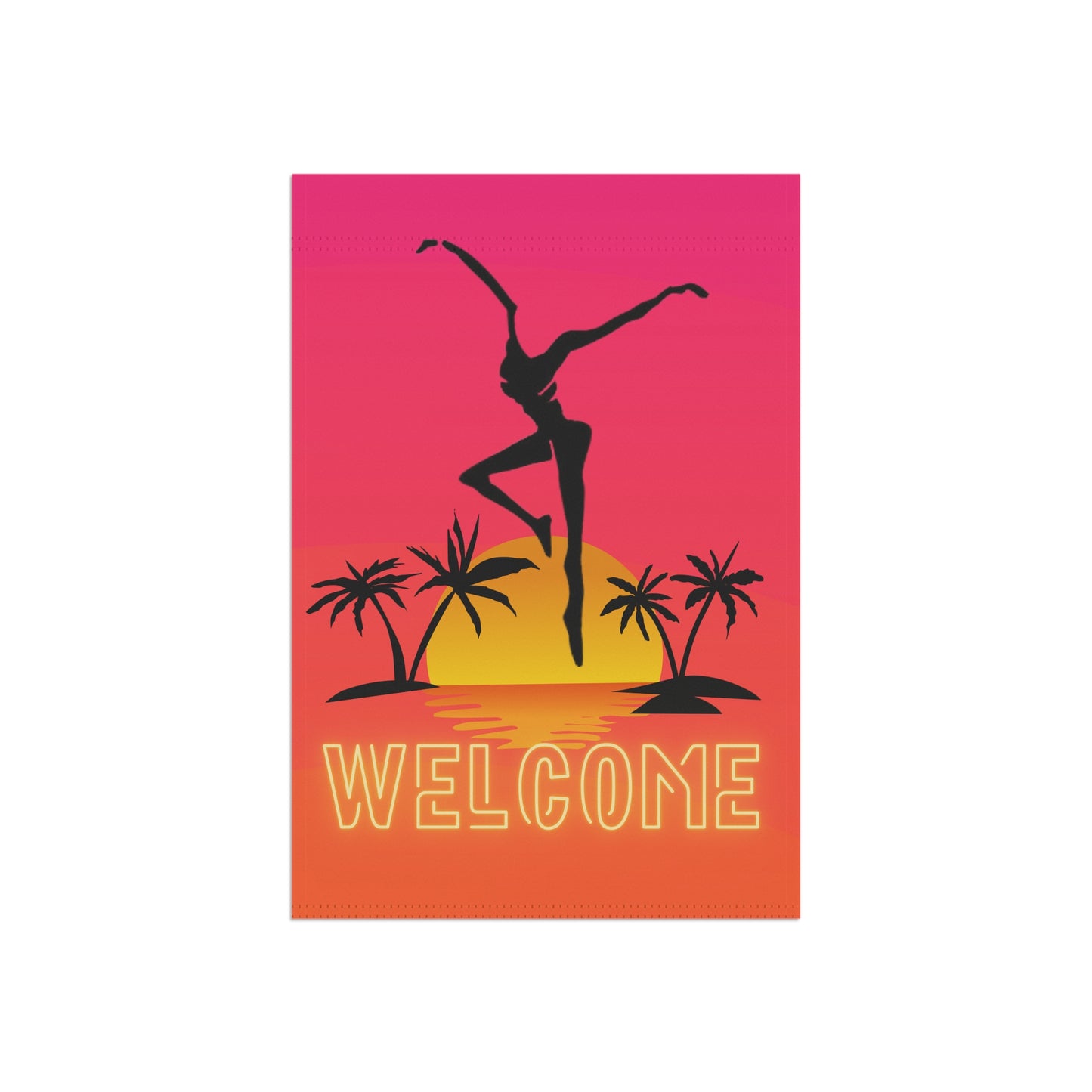 home/garden flag - indoor/outdoor - 12"x18" -banner - DMB- fd - hot pink - beach - palm - sunset - POLE NOT INCLUDED