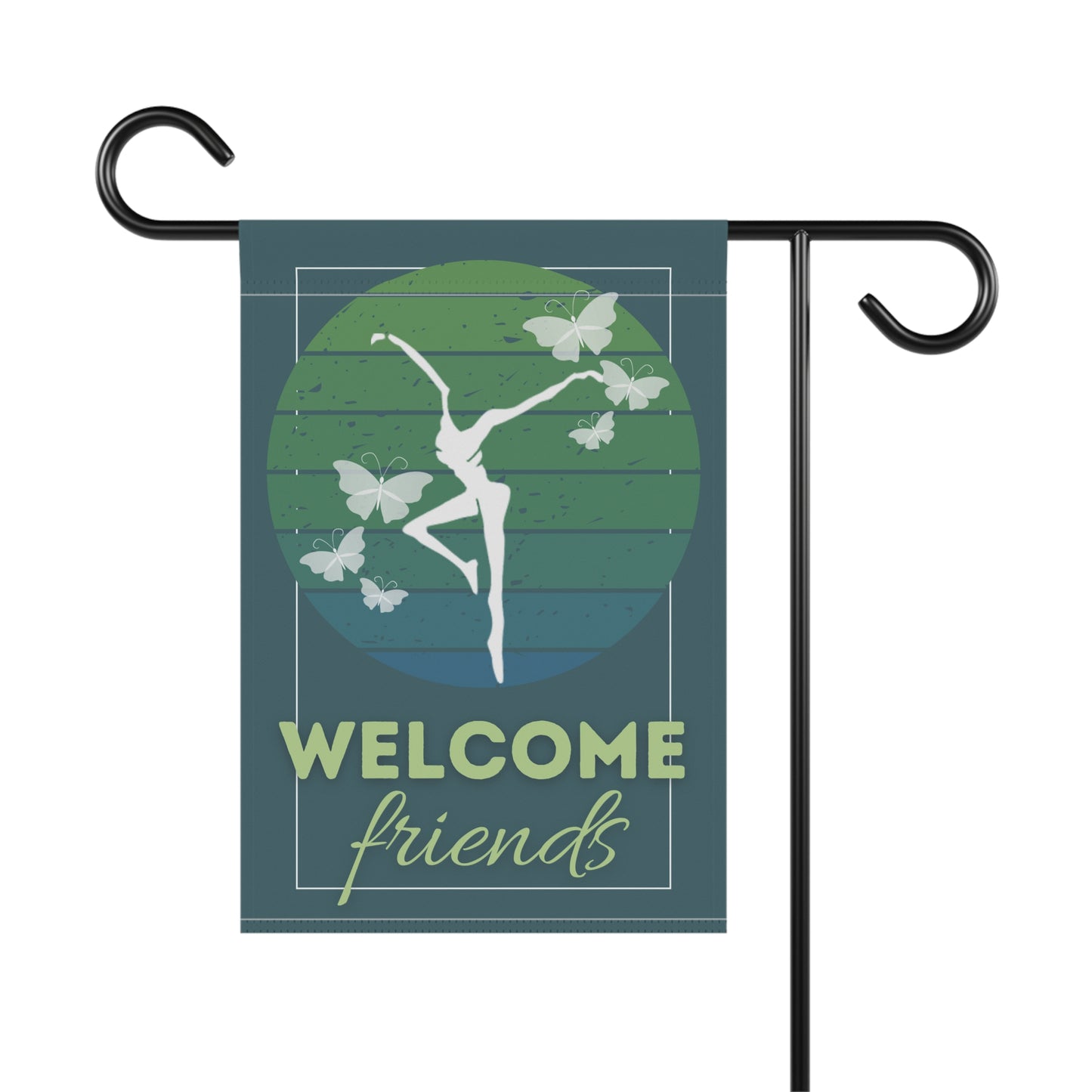 home/garden flag - 12"x18" indoor/outdoor - double sided - DMB - teal welcome friends - butterflies - sleeve at top -*POLE NOT INCLUDED