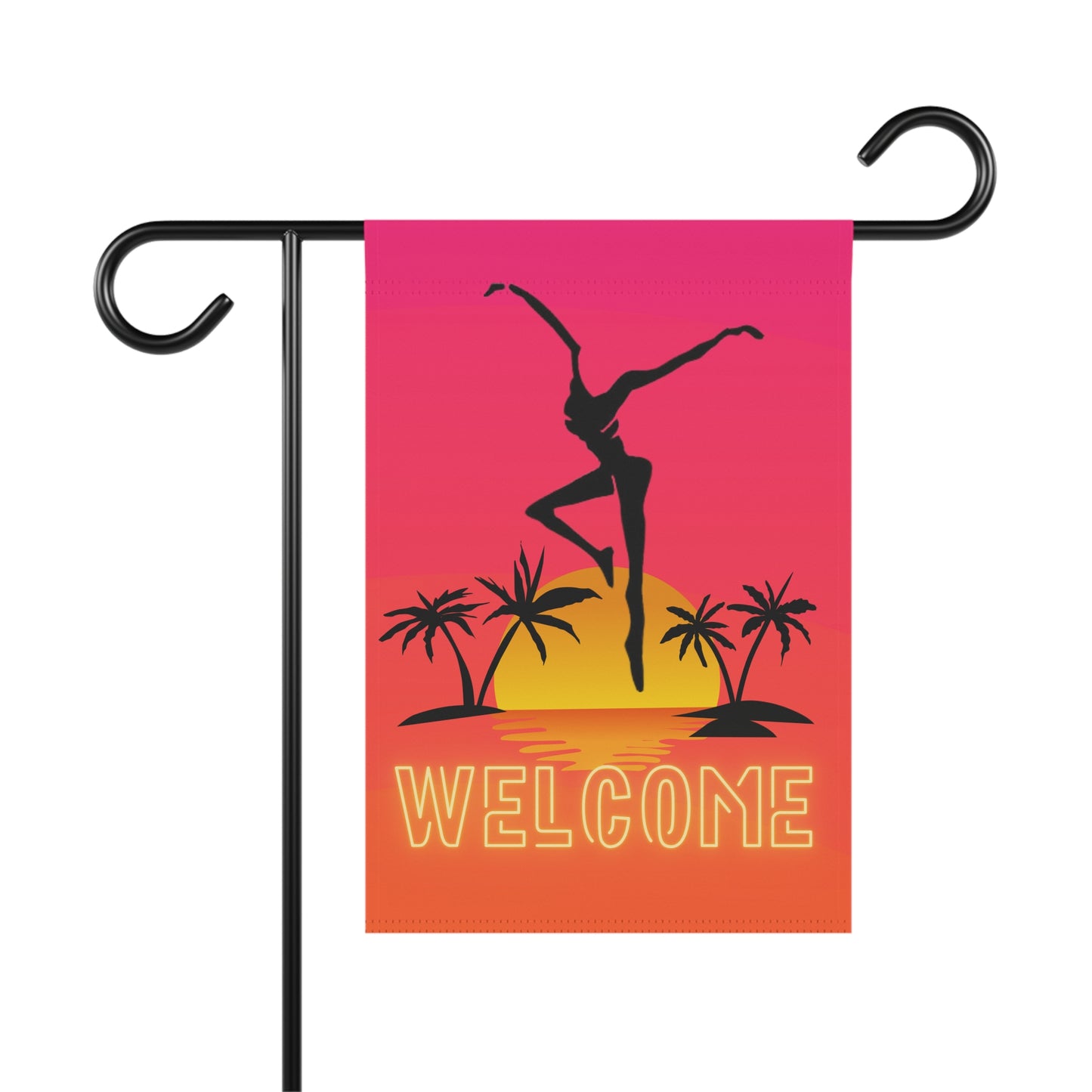 home/garden flag - indoor/outdoor - 12"x18" -banner - DMB- fd - hot pink - beach - palm - sunset - POLE NOT INCLUDED