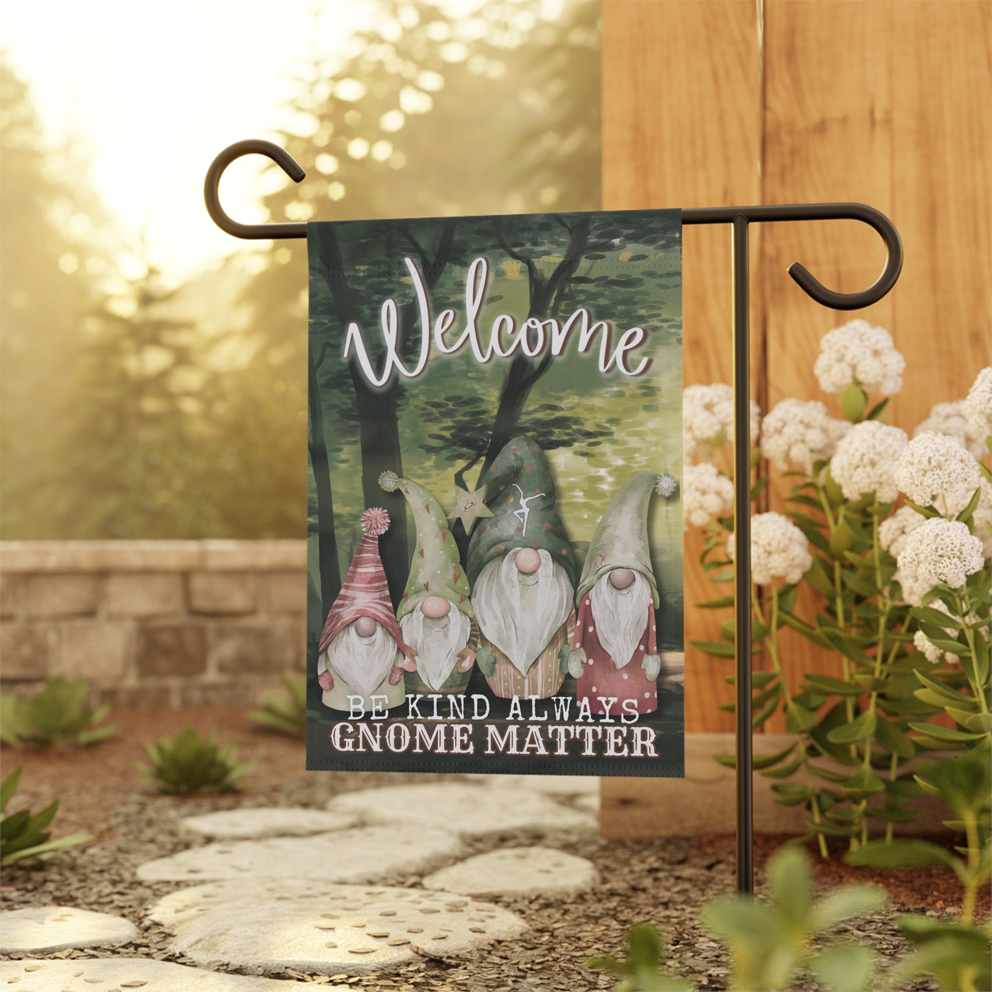 home/garden flag - indoor/outdoor - 12"x18"- banner - DMB - be kind always - gnomes - sleeve at top - double-sided design - 12"x18" - *POLE NOT INCLUDED