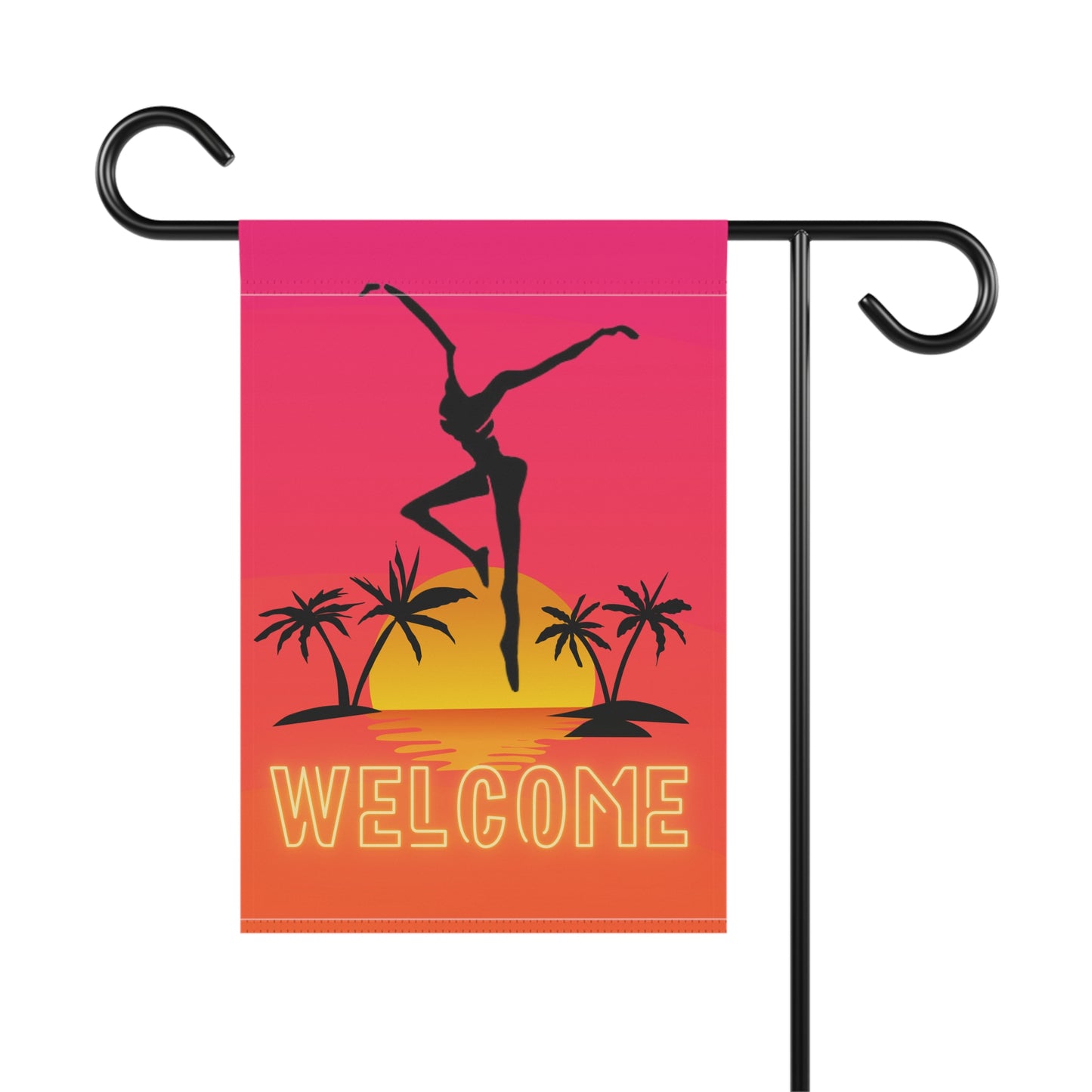 home/garden flag - indoor/outdoor - 12"x18" -banner - DMB- fd - hot pink - beach - palm - sunset - POLE NOT INCLUDED