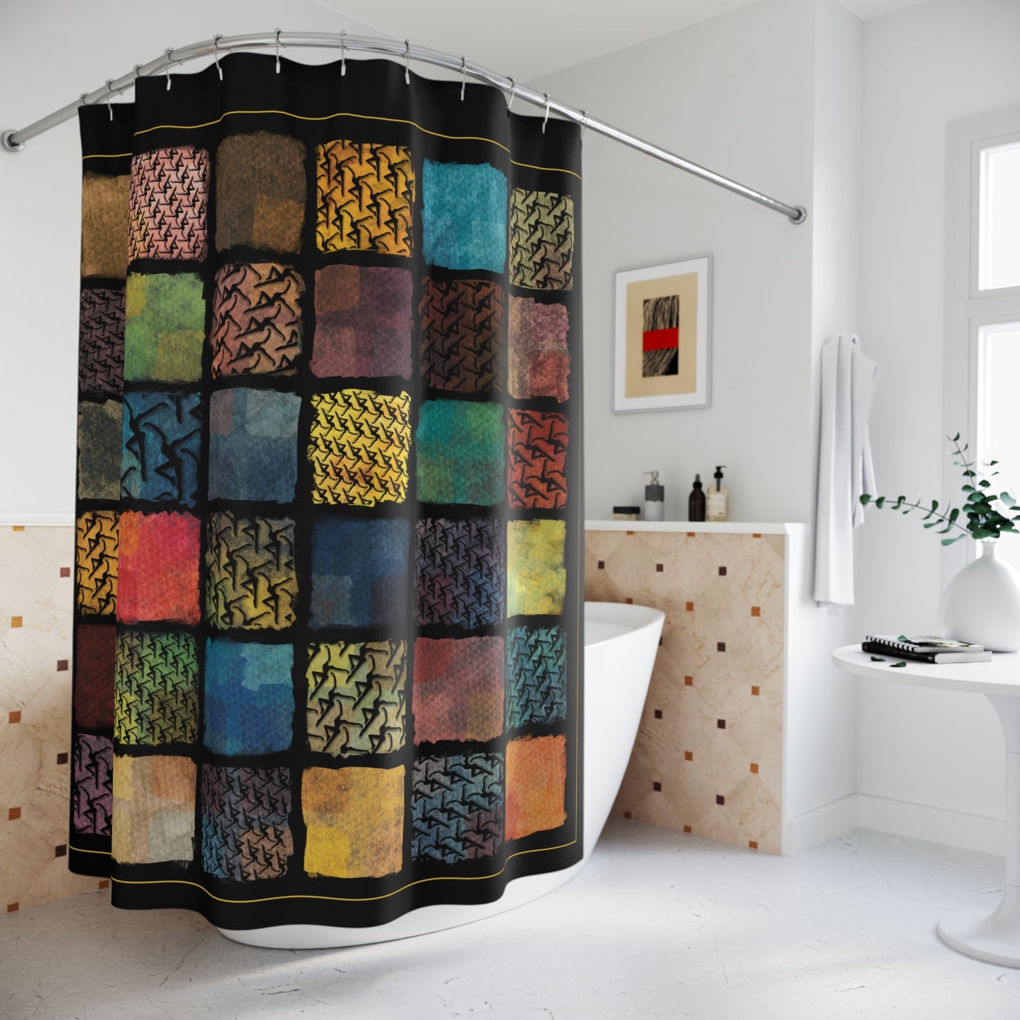 shower curtain - 71 x 74 - dmb - painted squares 1