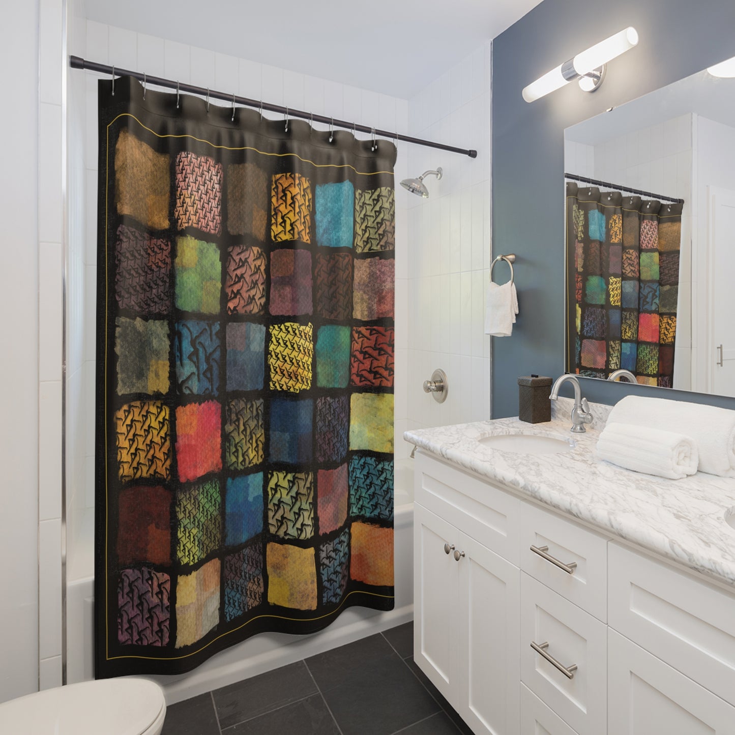 shower curtain - 71 x 74 - dmb - painted squares 1