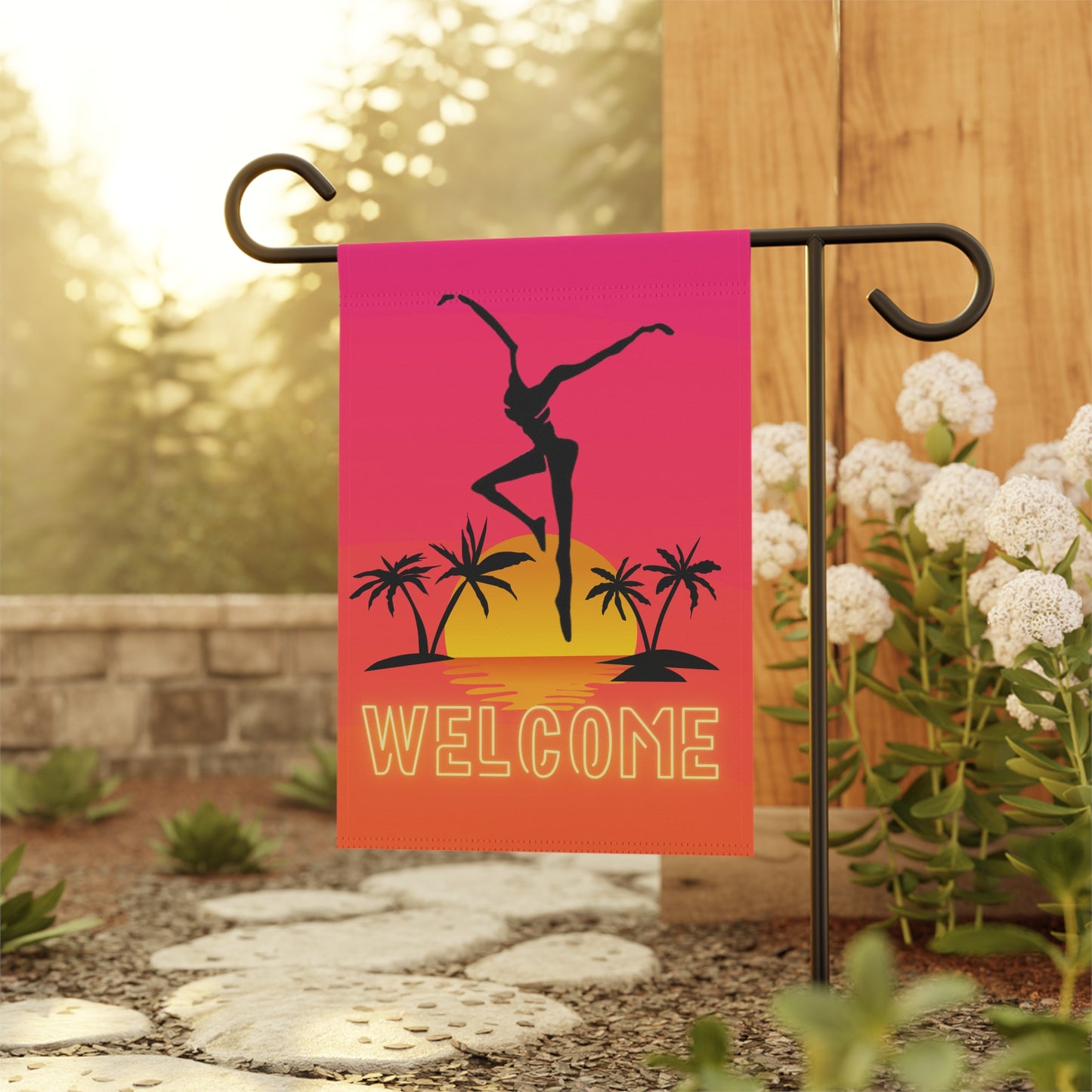 home/garden flag - indoor/outdoor - 12"x18" -banner - DMB- fd - hot pink - beach - palm - sunset - POLE NOT INCLUDED