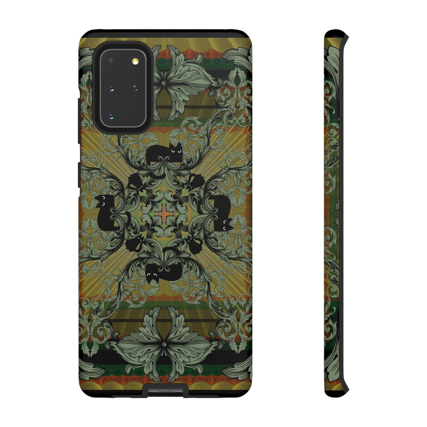 Tough Case - iPhone - Samsung - cats and filigree - green/orange/yellow - black cat