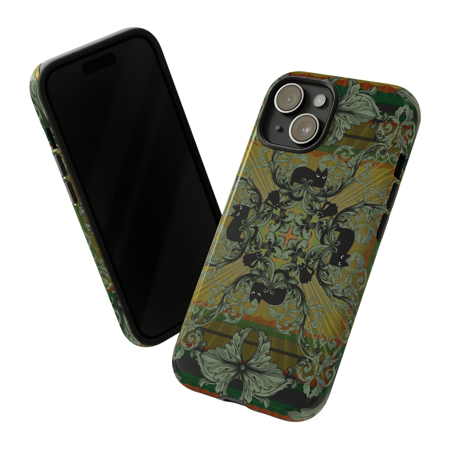 Tough Case - iPhone - Samsung - cats and filigree - green/orange/yellow - black cat