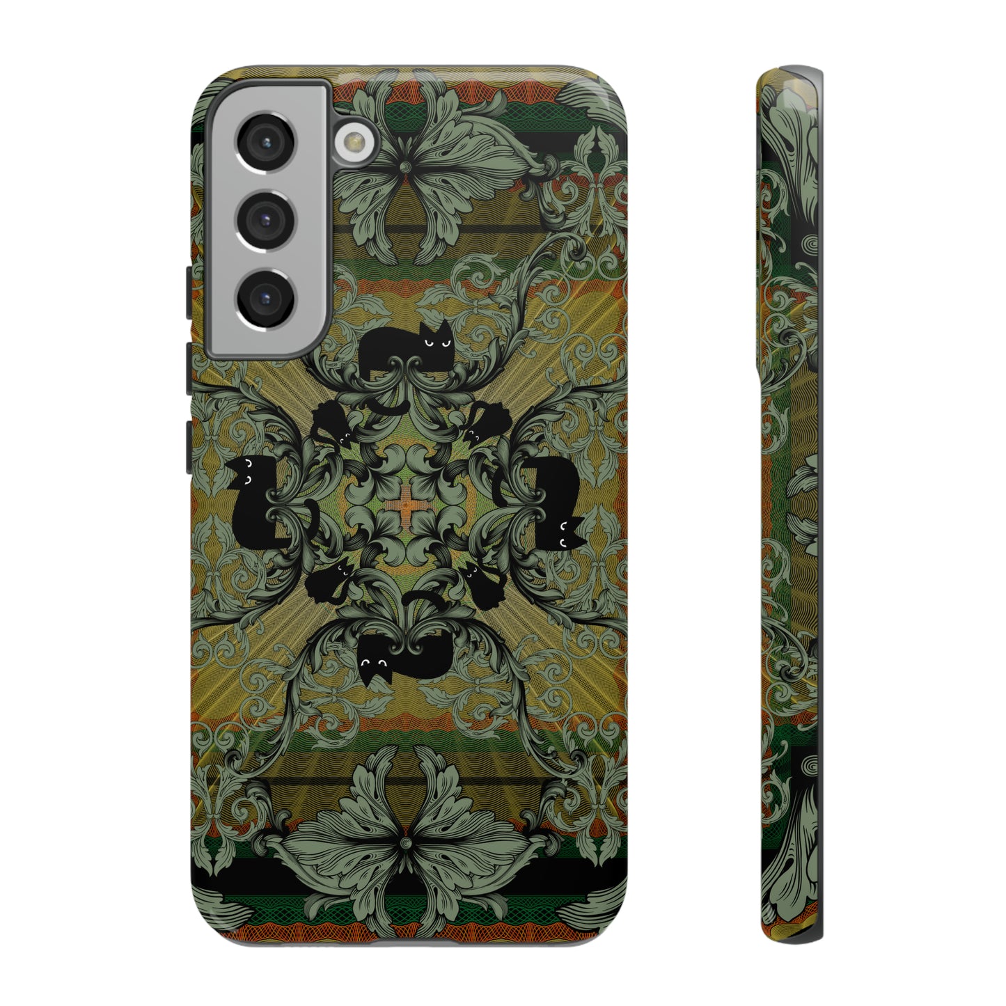 Tough Case - iPhone - Samsung - cats and filigree - green/orange/yellow - black cat