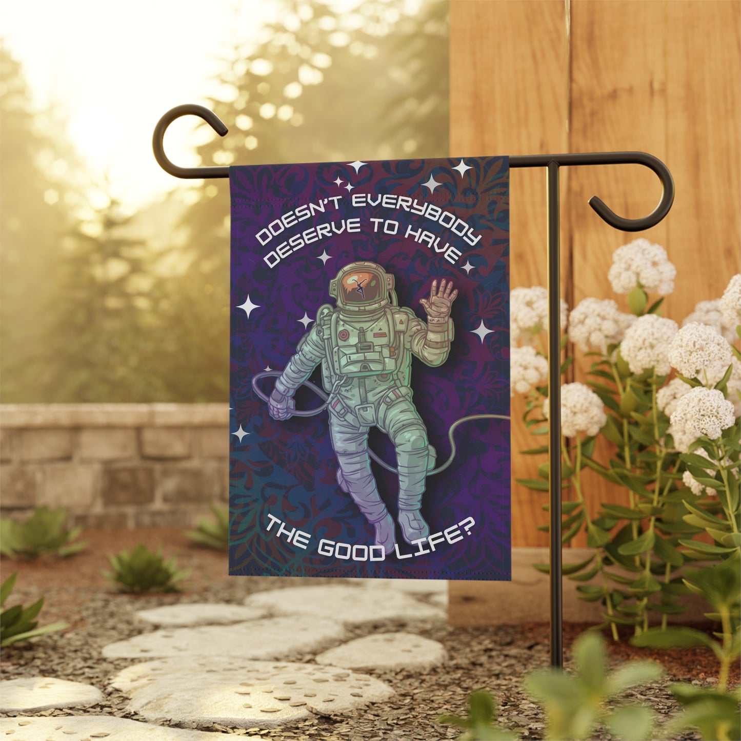 home/garden flag - indoor/outdoor - banner - spaceman - dmb - good life - sleeve at top - double-sided design - 12"x18" - *POLE NOT INCLUDED