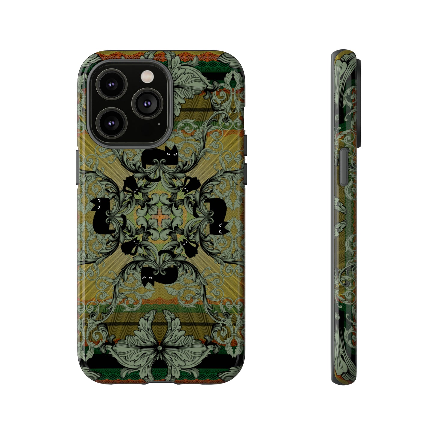 Tough Case - iPhone - Samsung - cats and filigree - green/orange/yellow - black cat