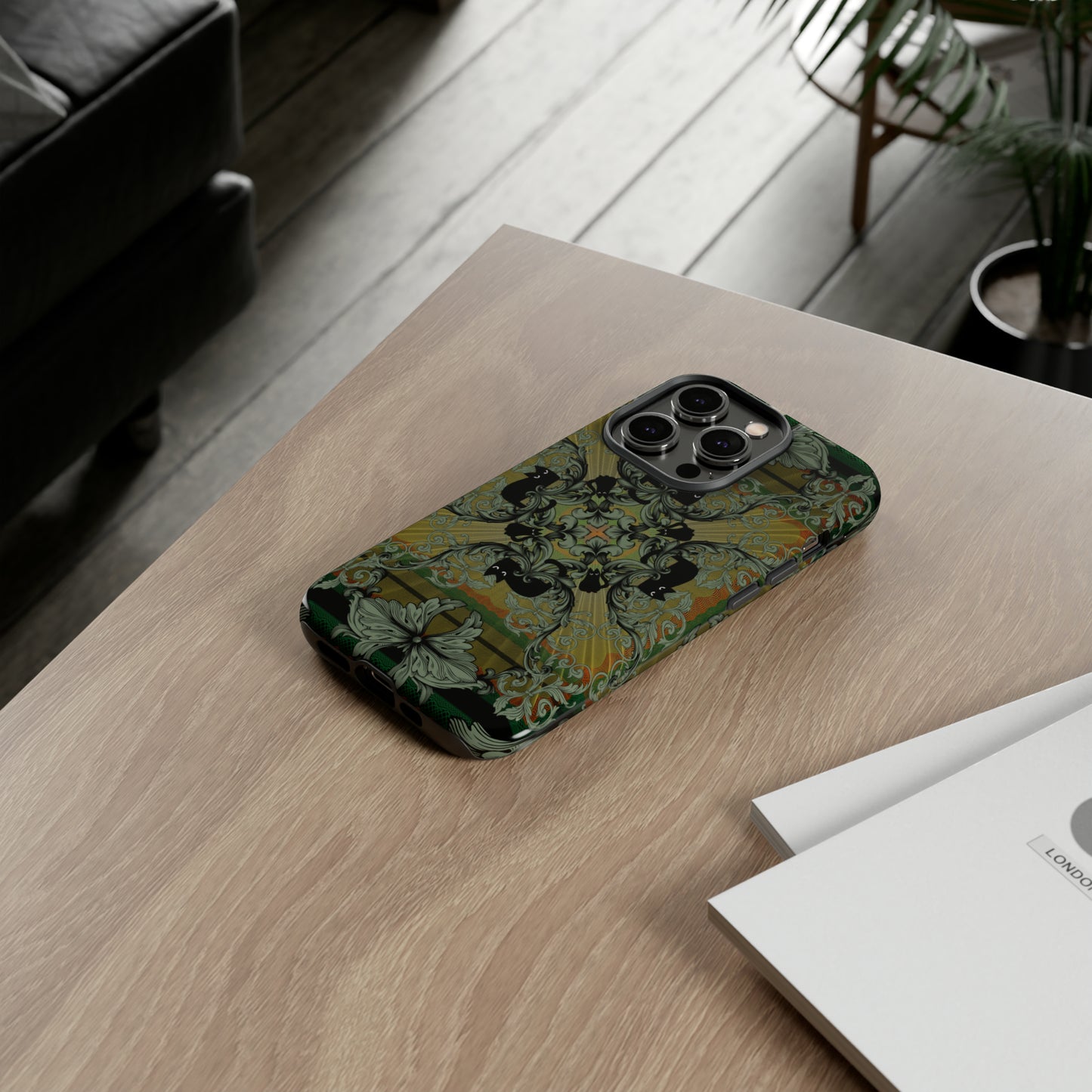 Tough Case - iPhone - Samsung - cats and filigree - green/orange/yellow - black cat