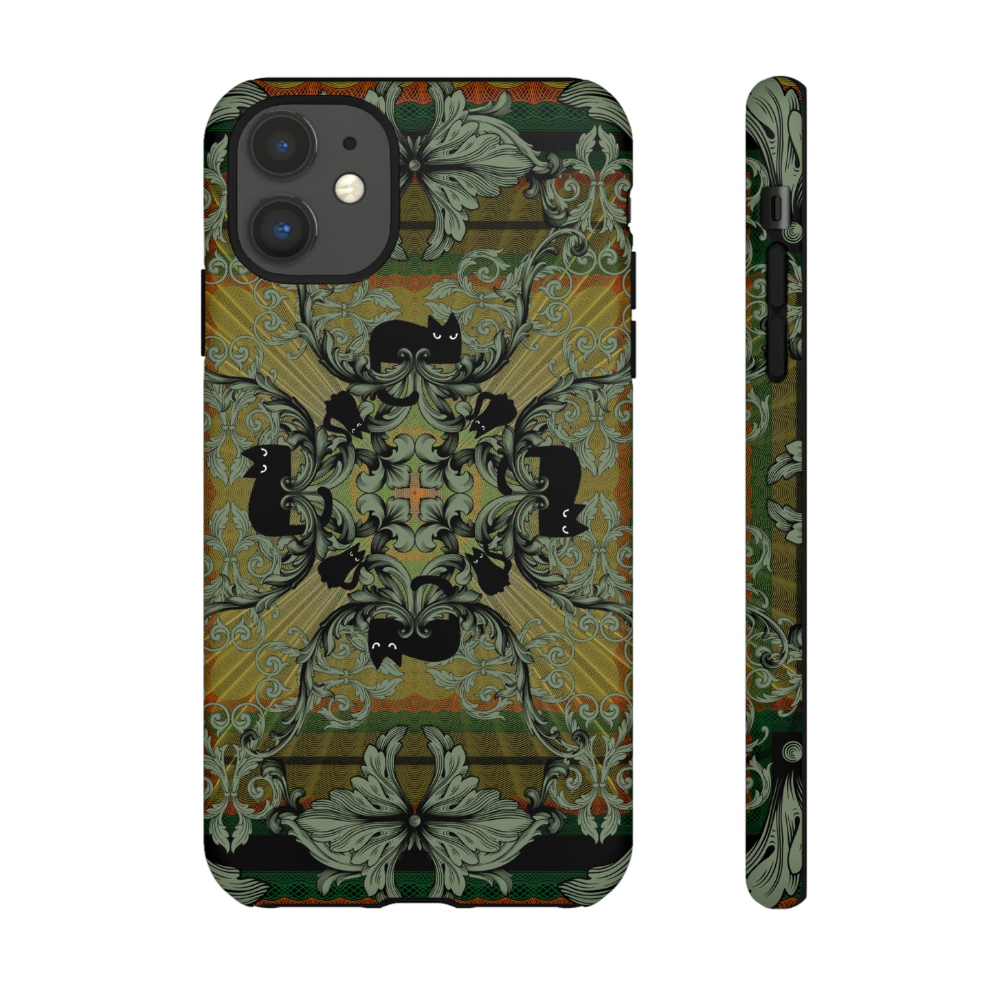 Tough Case - iPhone - Samsung - cats and filigree - green/orange/yellow - black cat