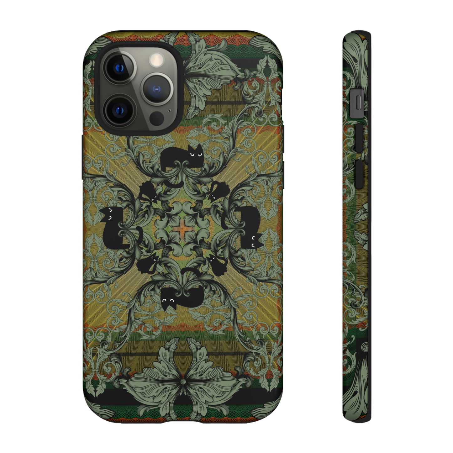 Tough Case - iPhone - Samsung - cats and filigree - green/orange/yellow - black cat