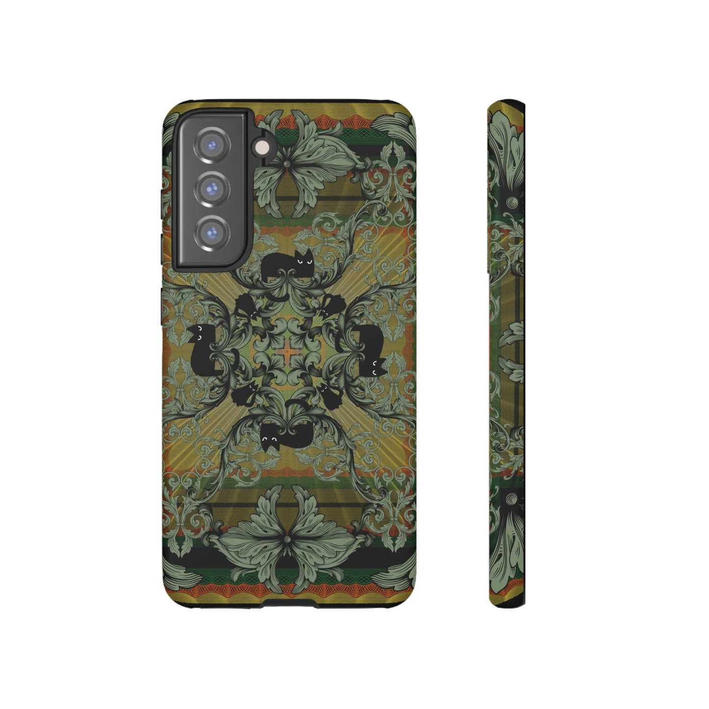 Tough Case - iPhone - Samsung - cats and filigree - green/orange/yellow - black cat