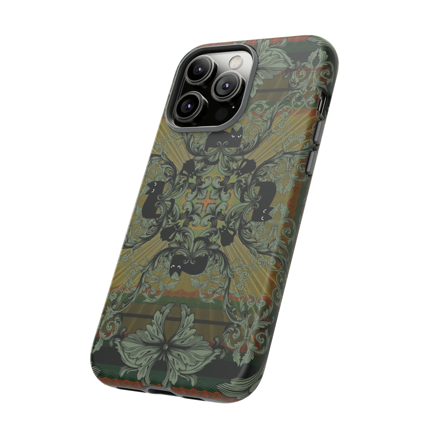 Tough Case - iPhone - Samsung - cats and filigree - green/orange/yellow - black cat