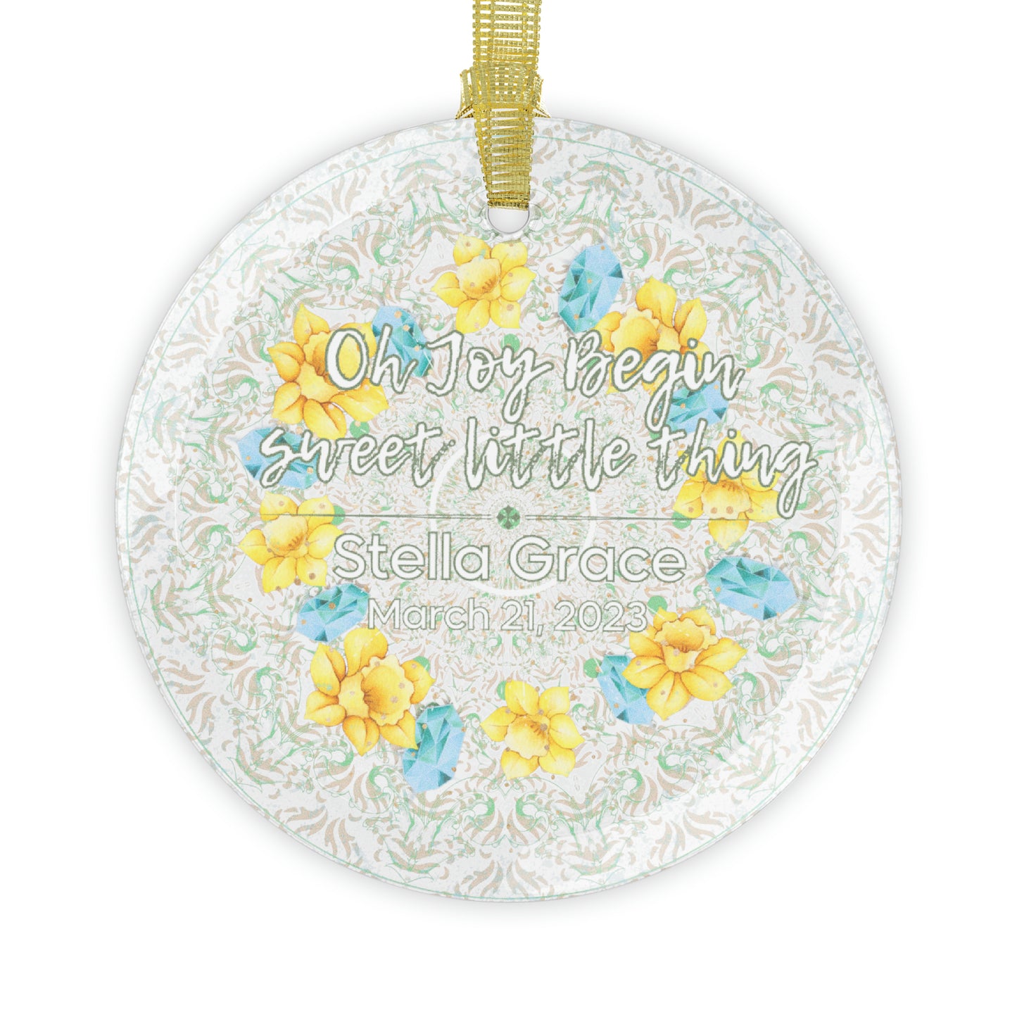 glass ornament -- *personalized* -- DMB -- oh joy begin -- samurai cop -- march -- aquamarine -- daffodil -- birthstone/flower