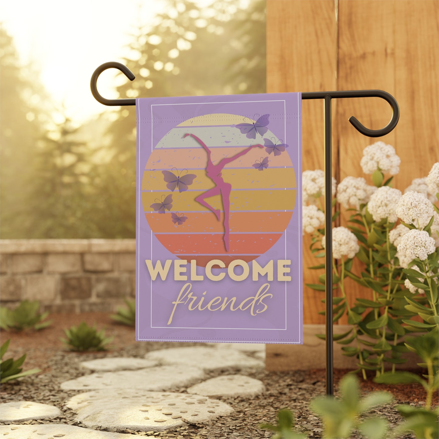 home/garden flag - indoor/outdoor - banner - DMB - purple - butterflies - Welcome - sleeve at top - double-sided design - 12"x18" - *POLE NOT INCLUDED