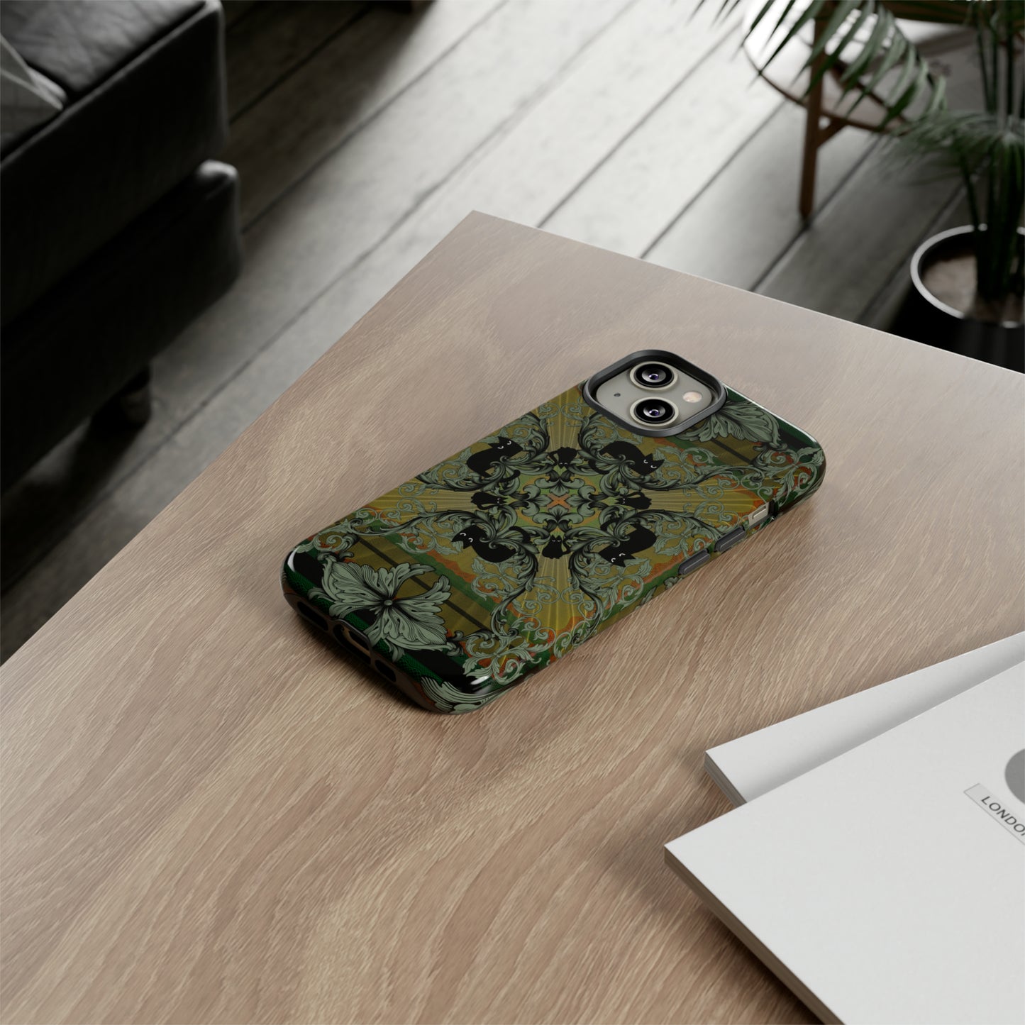 Tough Case - iPhone - Samsung - cats and filigree - green/orange/yellow - black cat