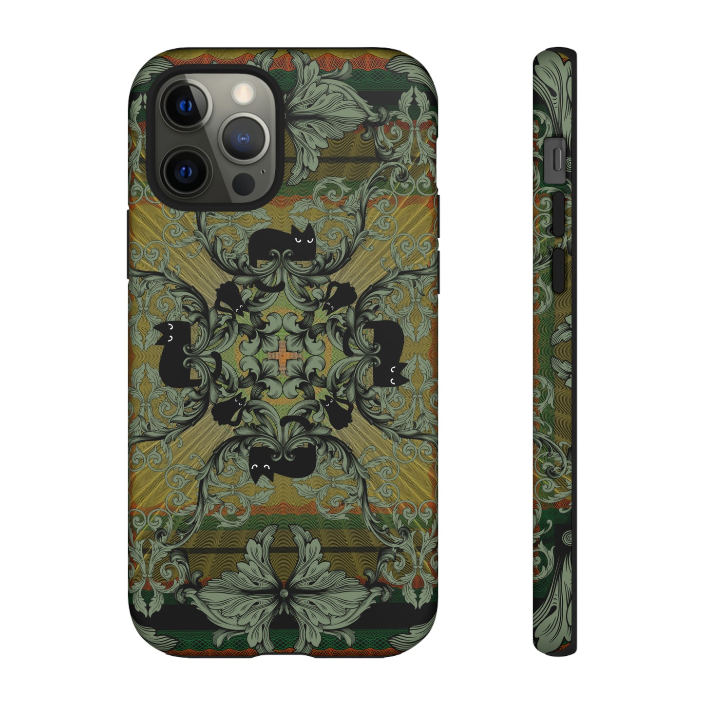 Tough Case - iPhone - Samsung - cats and filigree - green/orange/yellow - black cat