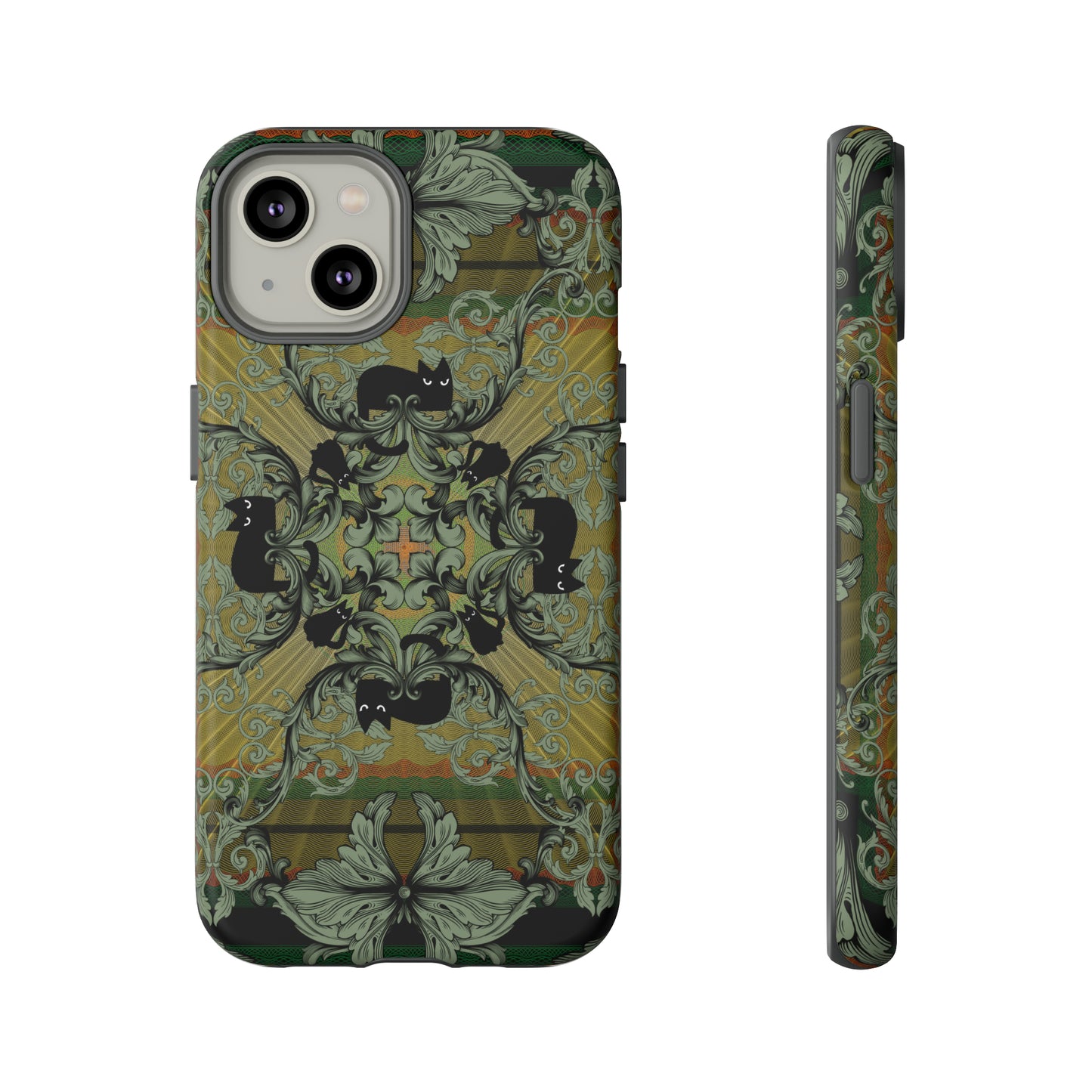 Tough Case - iPhone - Samsung - cats and filigree - green/orange/yellow - black cat