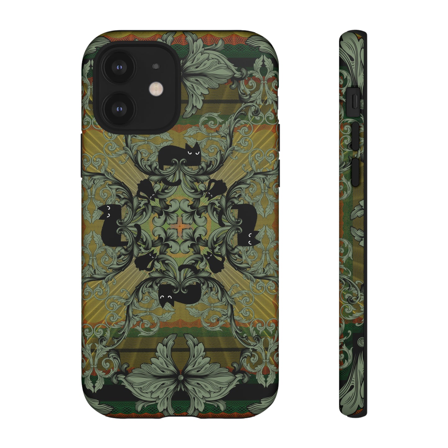 Tough Case - iPhone - Samsung - cats and filigree - green/orange/yellow - black cat