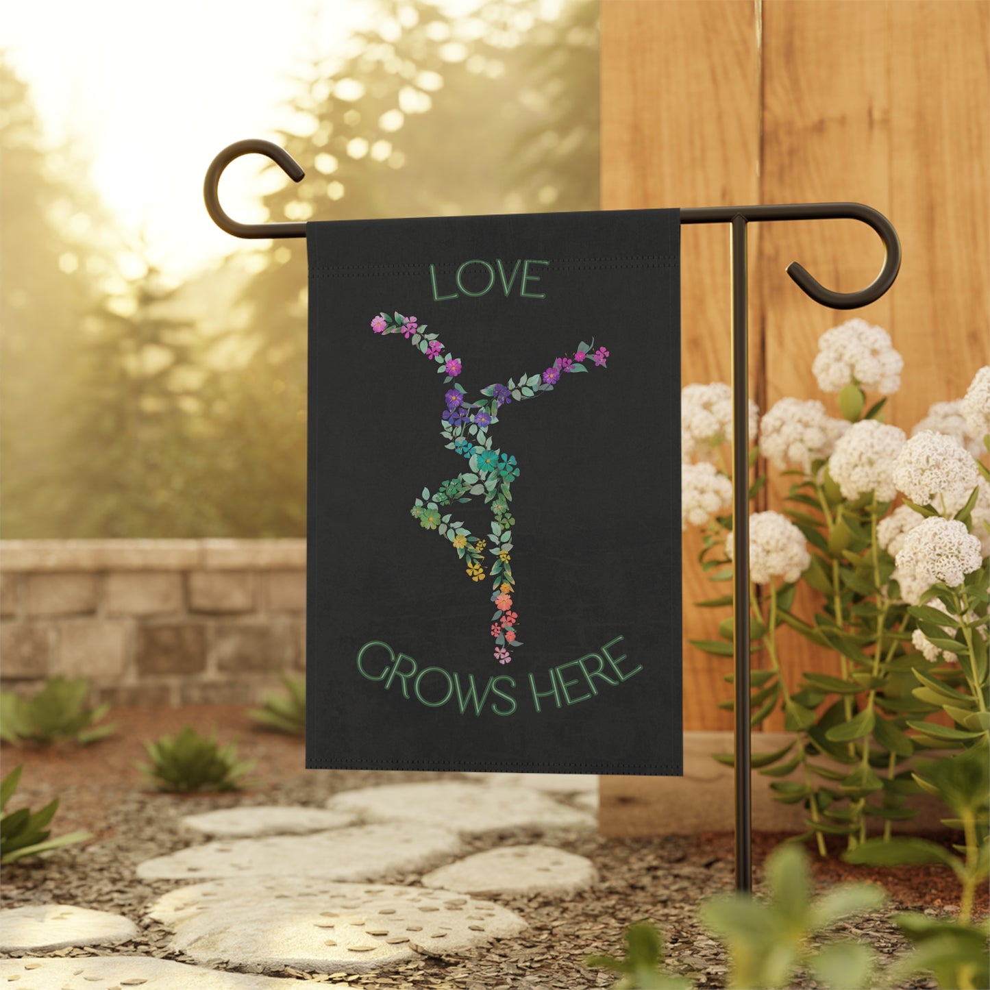 home/garden flag - indoor/outdoor - banner - DMB - love grows here  - sleeve at top - double-sided design - 12"x18" - *POLE NOT INCLUDED