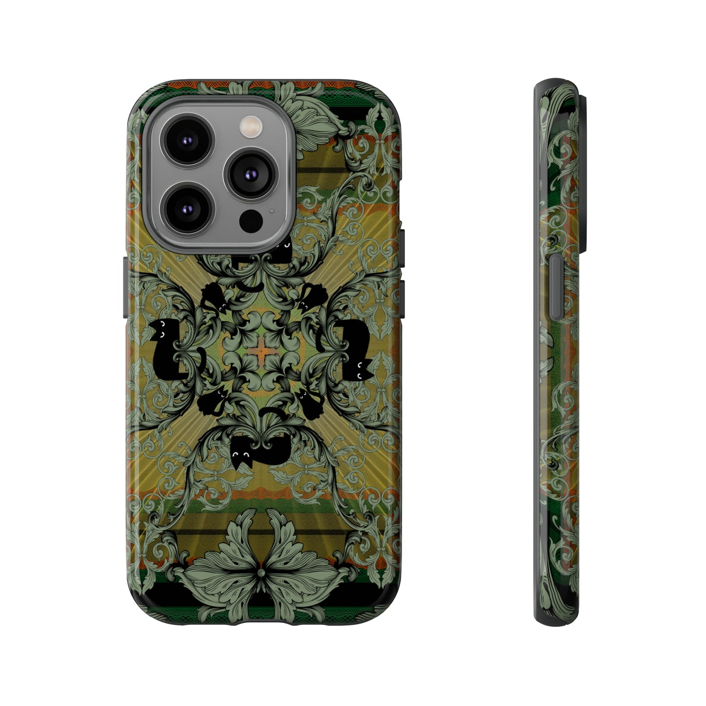 Tough Case - iPhone - Samsung - cats and filigree - green/orange/yellow - black cat