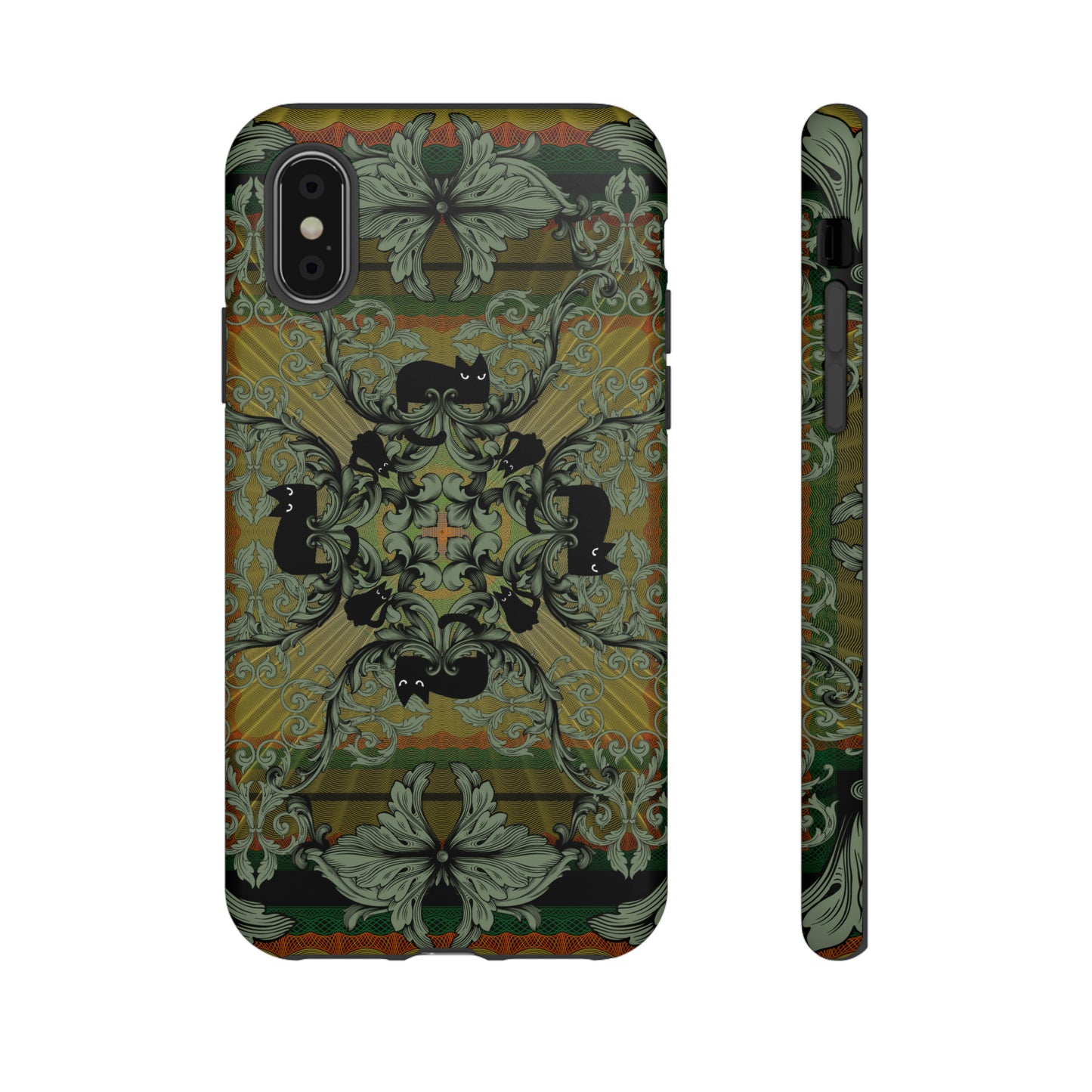 Tough Case - iPhone - Samsung - cats and filigree - green/orange/yellow - black cat