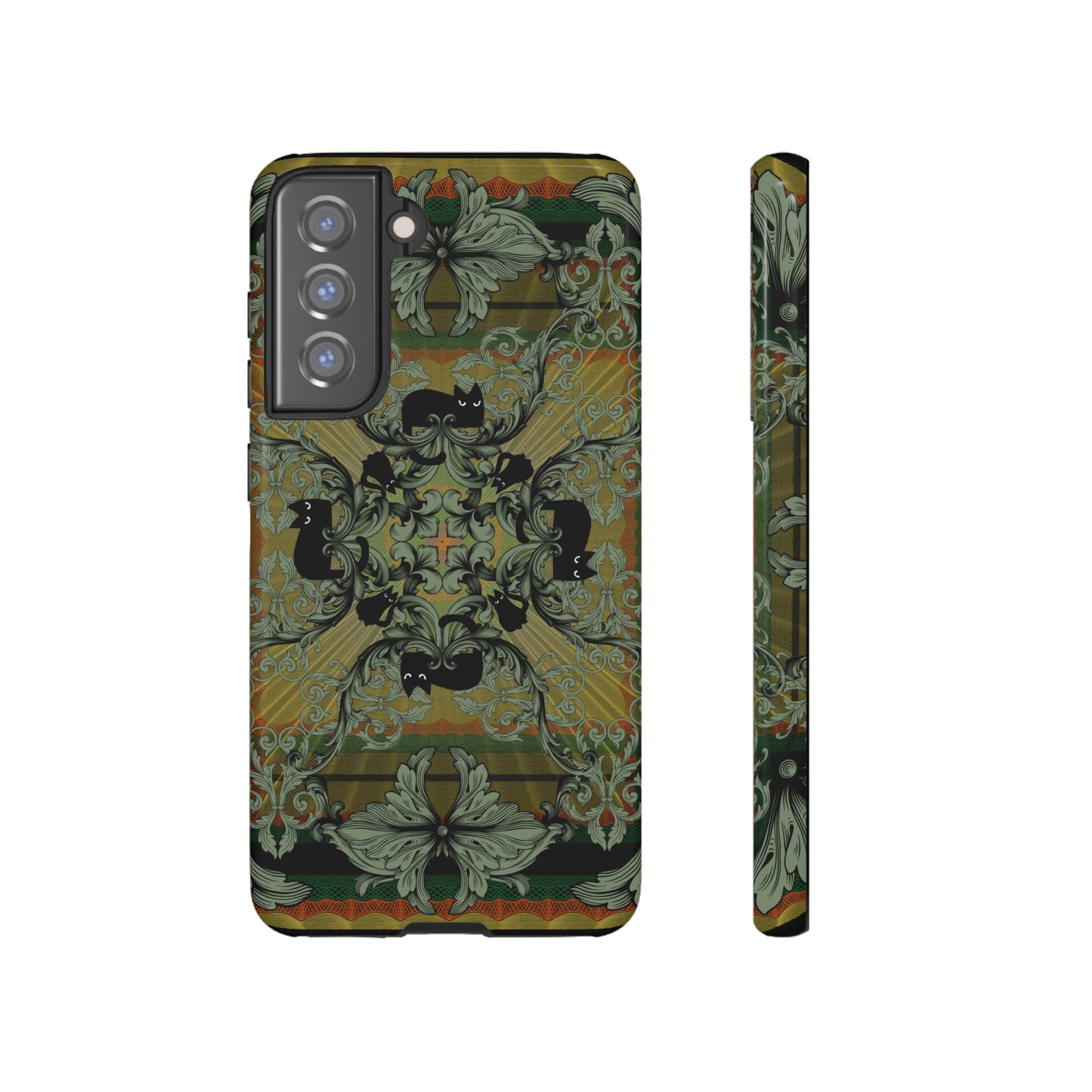 Tough Case - iPhone - Samsung - cats and filigree - green/orange/yellow - black cat