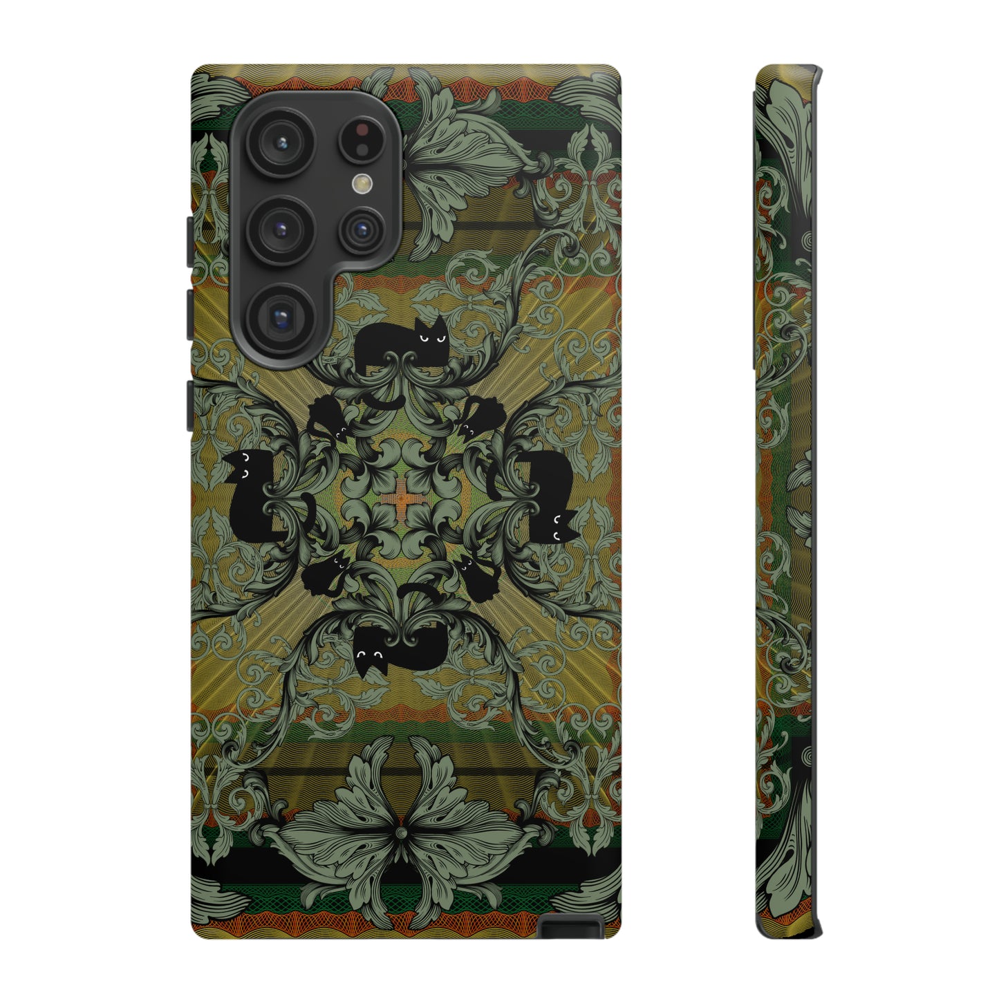 Tough Case - iPhone - Samsung - cats and filigree - green/orange/yellow - black cat