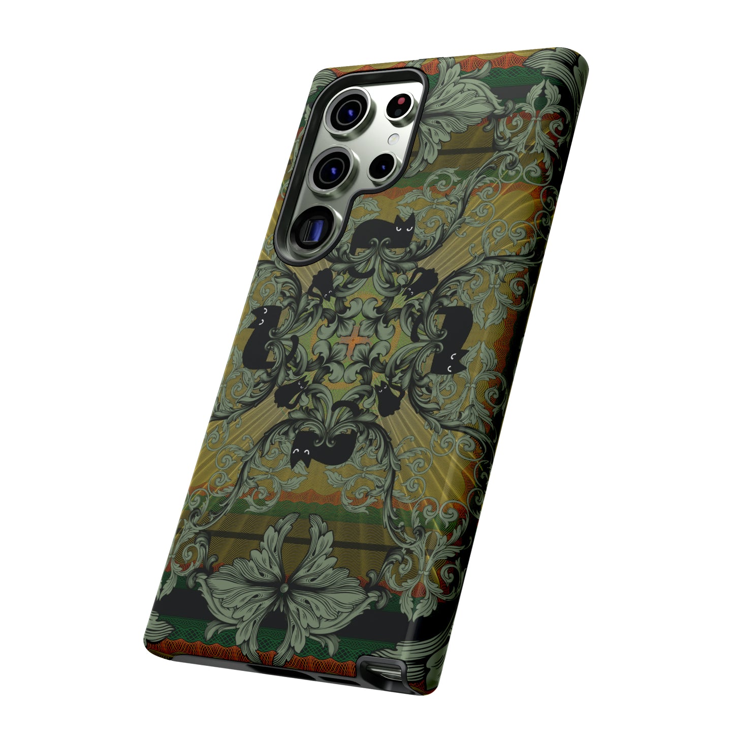 Tough Case - iPhone - Samsung - cats and filigree - green/orange/yellow - black cat