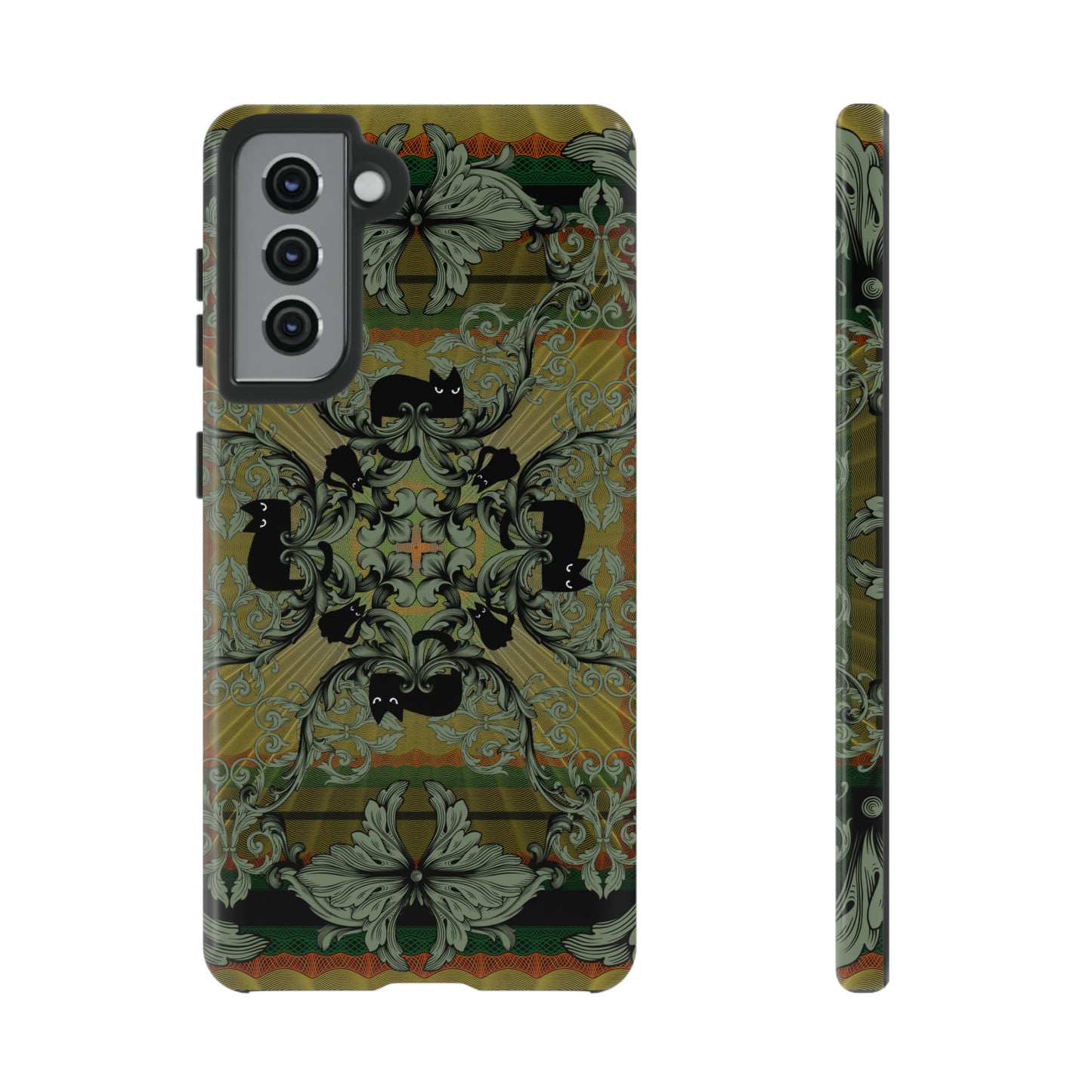 Tough Case - iPhone - Samsung - cats and filigree - green/orange/yellow - black cat