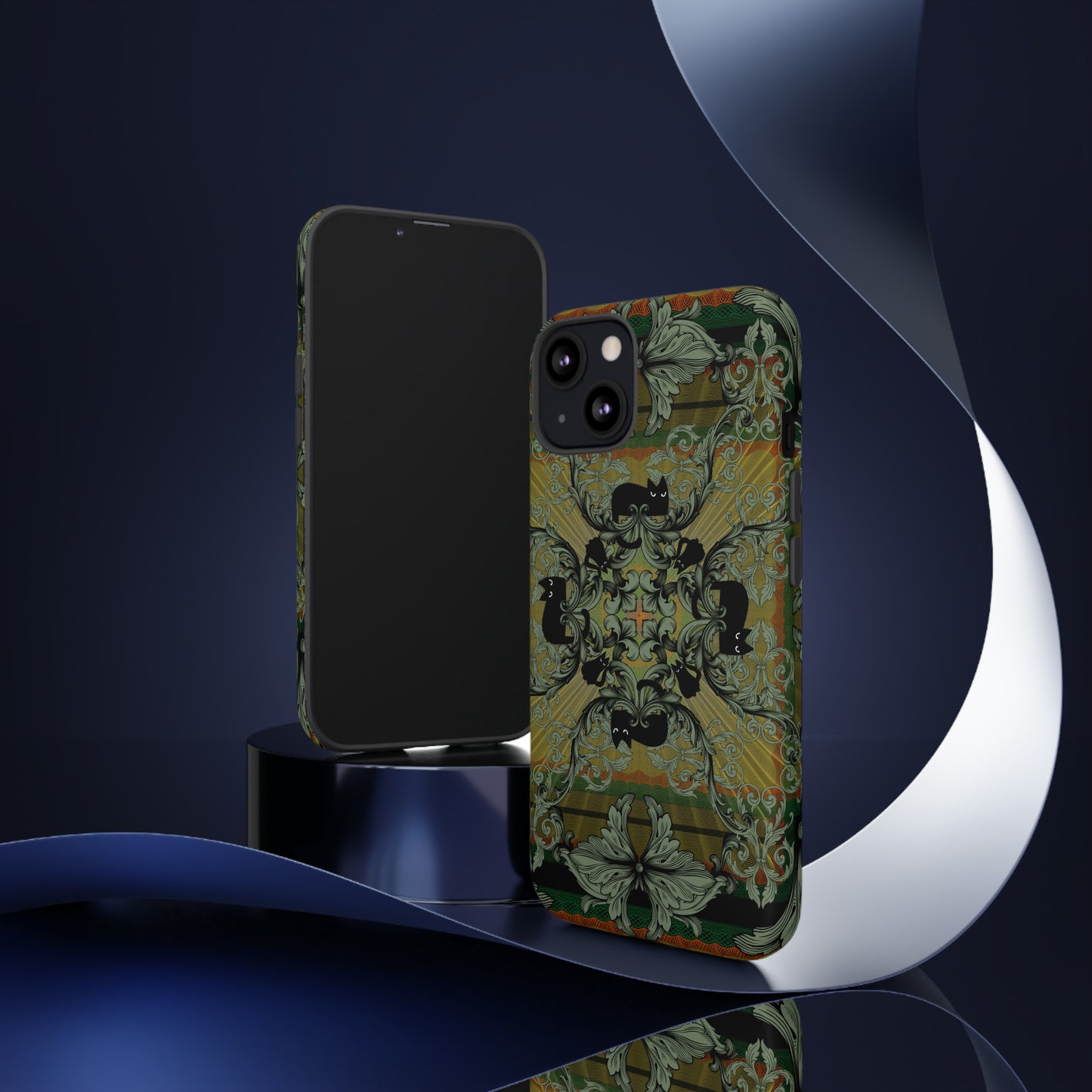 Tough Case - iPhone - Samsung - cats and filigree - green/orange/yellow - black cat