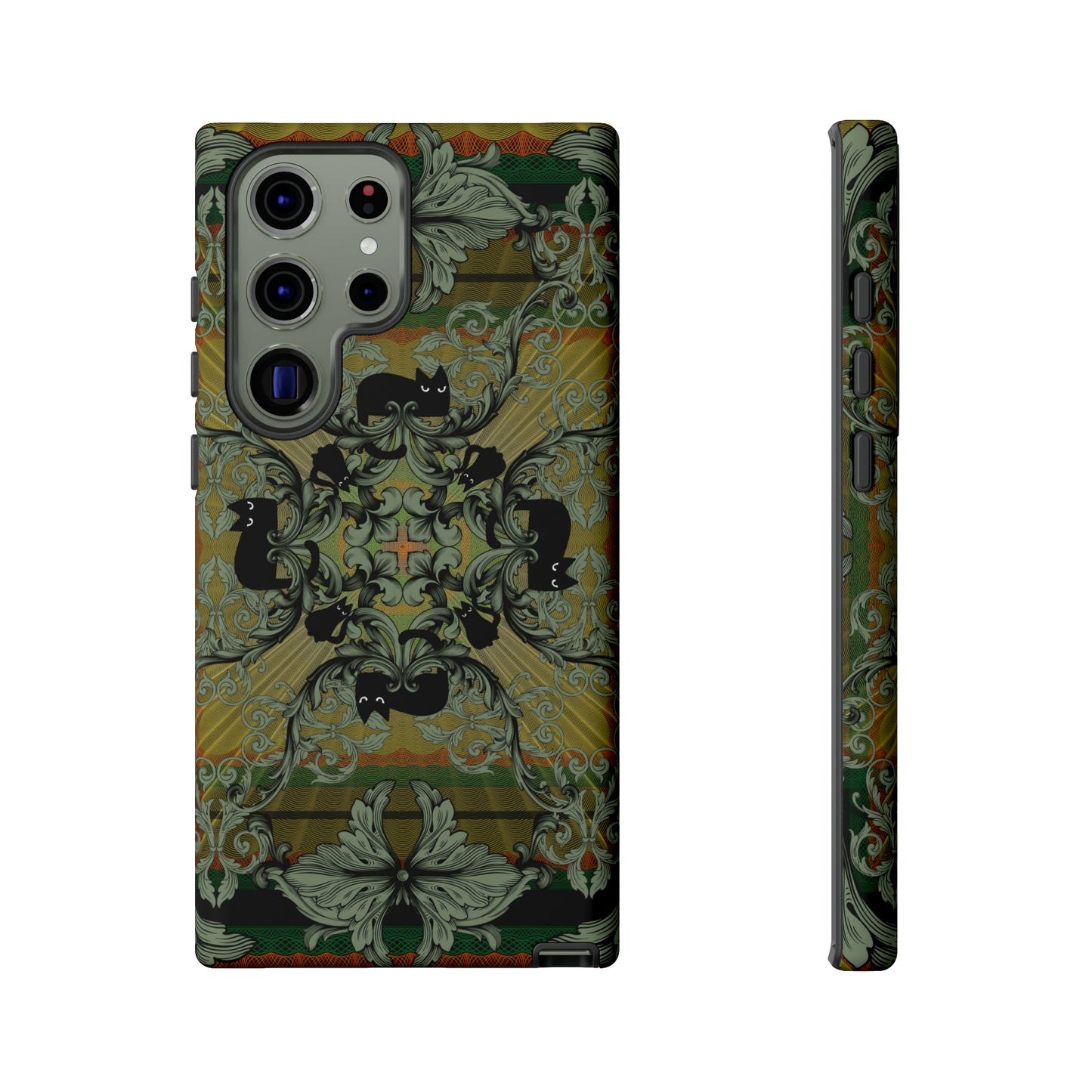 Tough Case - iPhone - Samsung - cats and filigree - green/orange/yellow - black cat