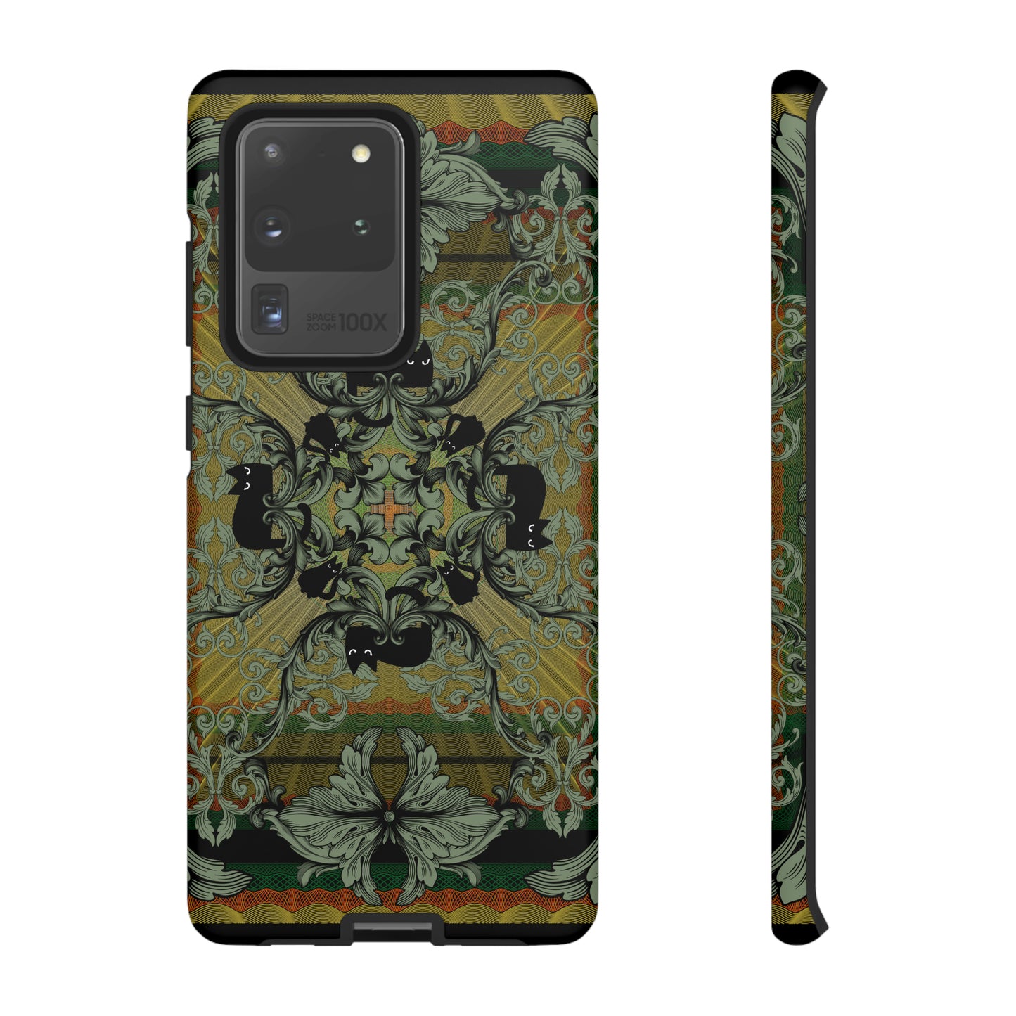 Tough Case - iPhone - Samsung - cats and filigree - green/orange/yellow - black cat