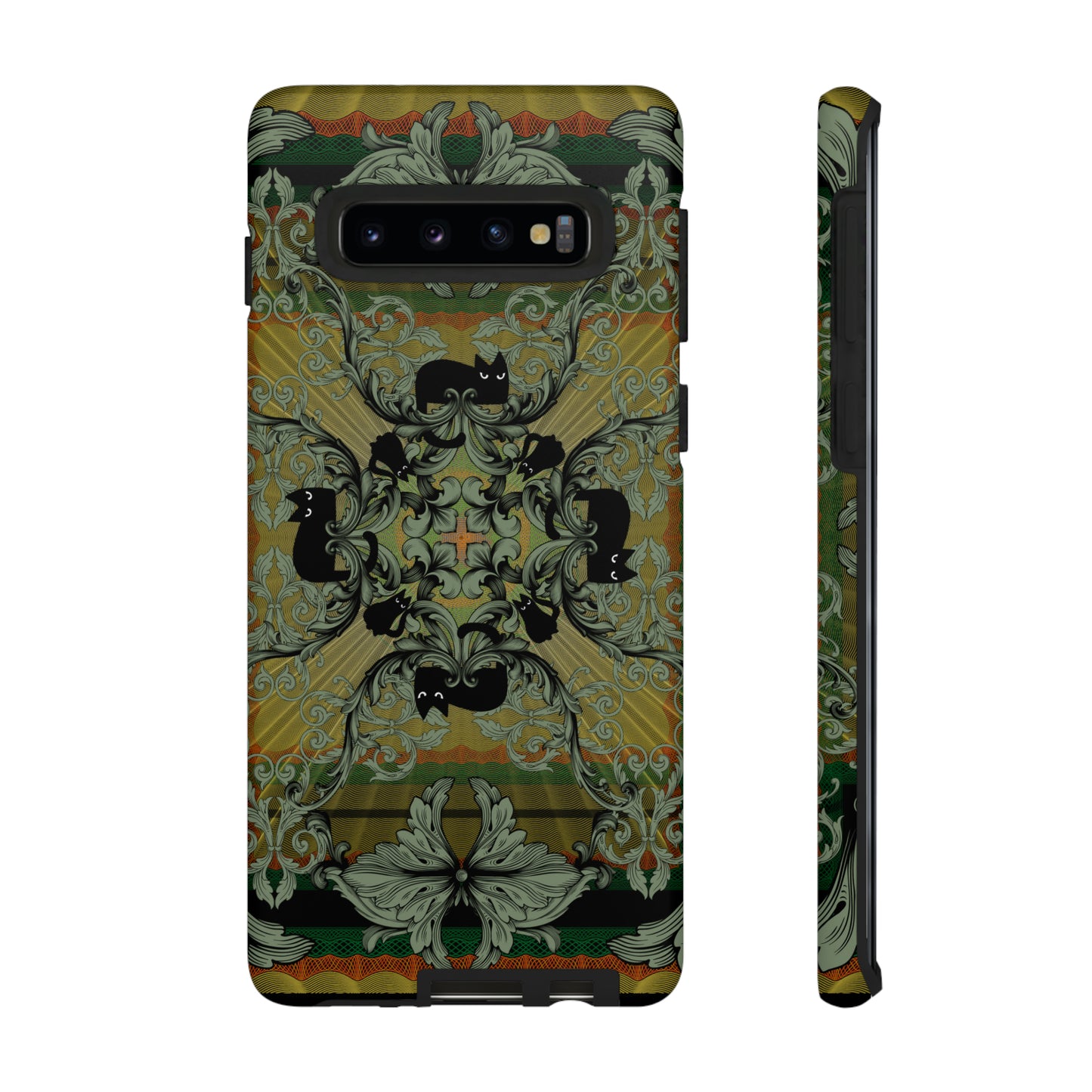 Tough Case - iPhone - Samsung - cats and filigree - green/orange/yellow - black cat