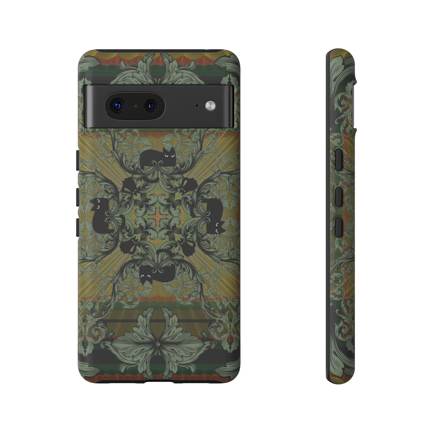 Tough Case - iPhone - Samsung - cats and filigree - green/orange/yellow - black cat