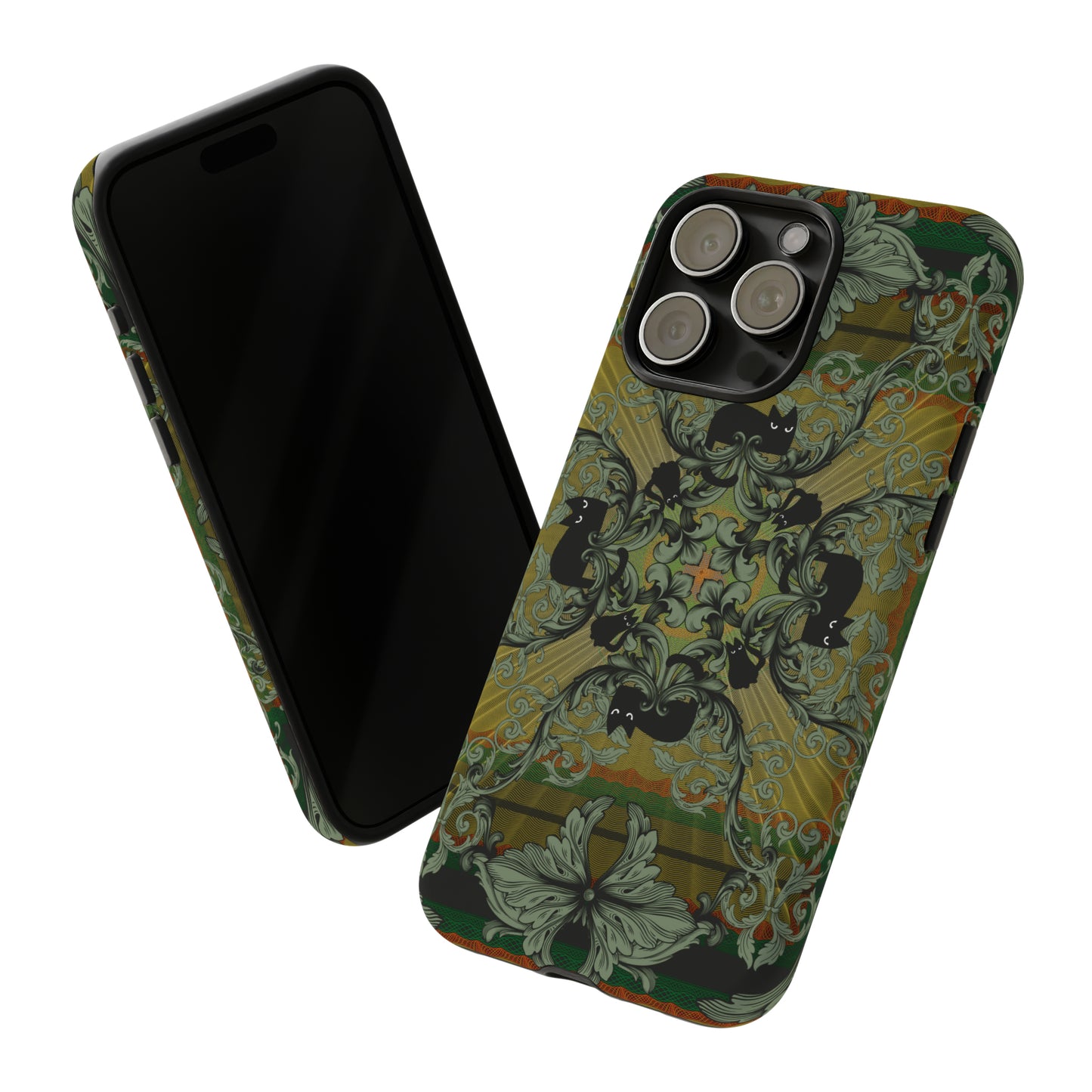 Tough Case - iPhone - Samsung - cats and filigree - green/orange/yellow - black cat