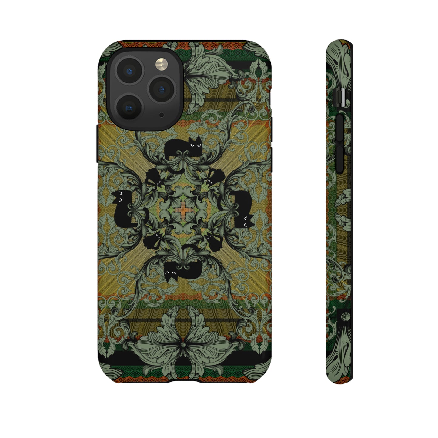 Tough Case - iPhone - Samsung - cats and filigree - green/orange/yellow - black cat