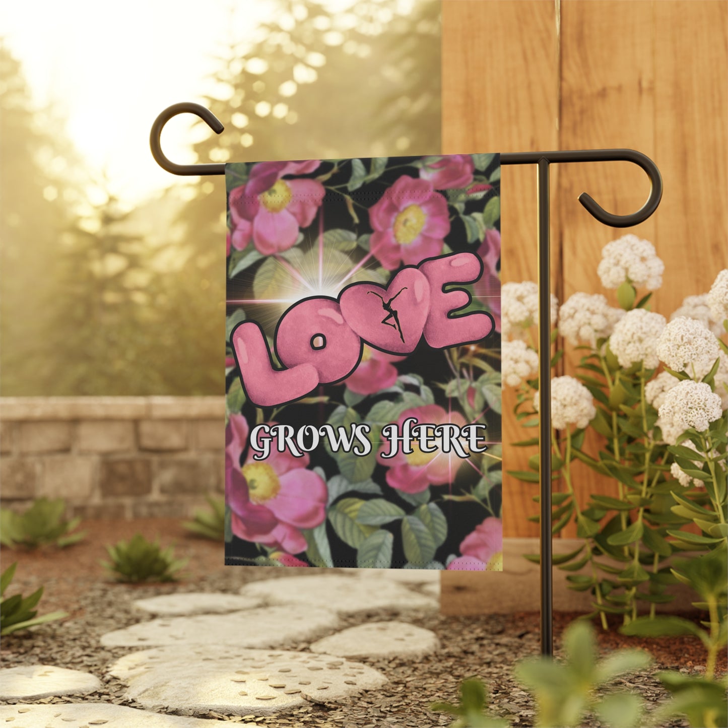 Home/Garden Flag - dmb - pink flowers - Love Grows Here - 12"x18" - pole not included