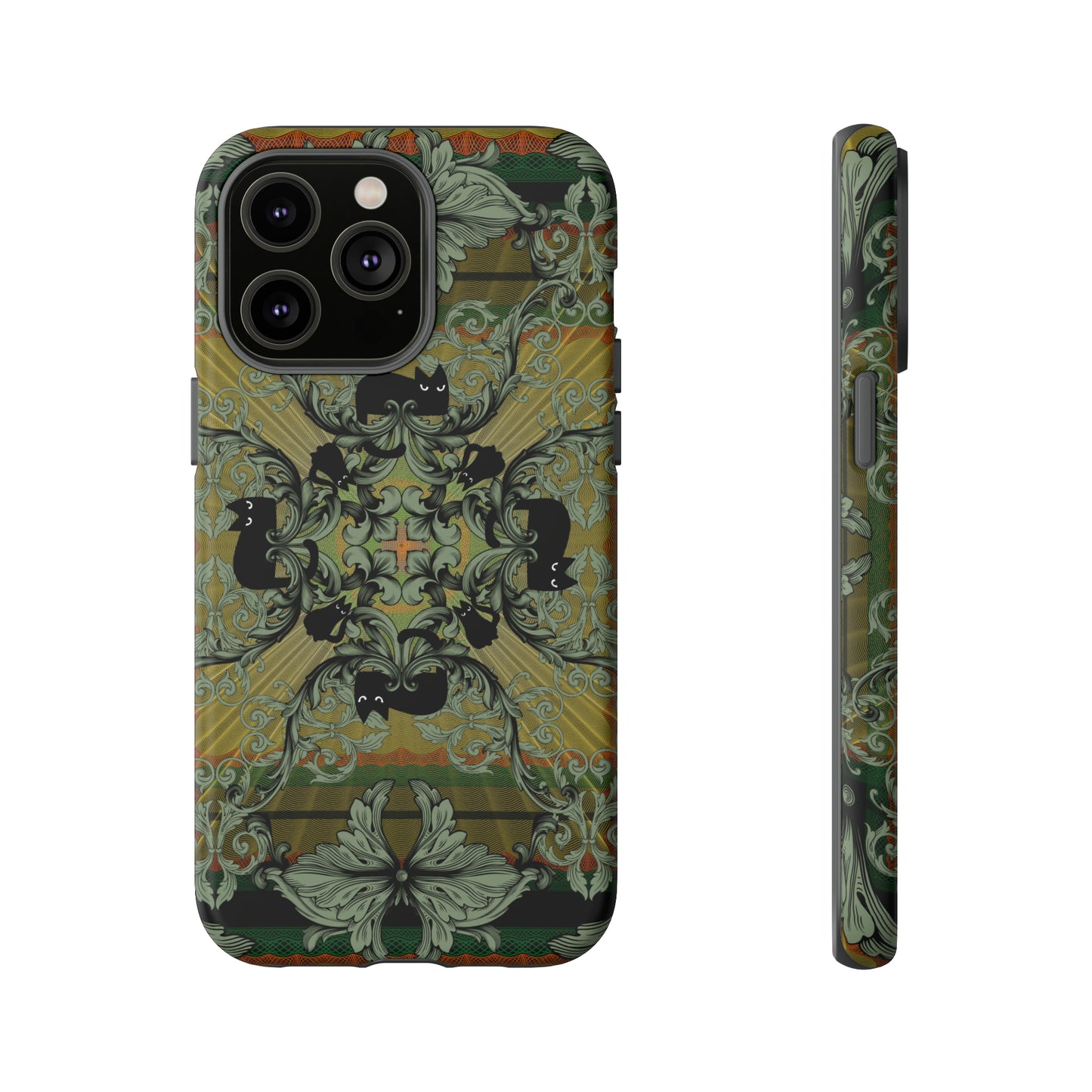 Tough Case - iPhone - Samsung - cats and filigree - green/orange/yellow - black cat