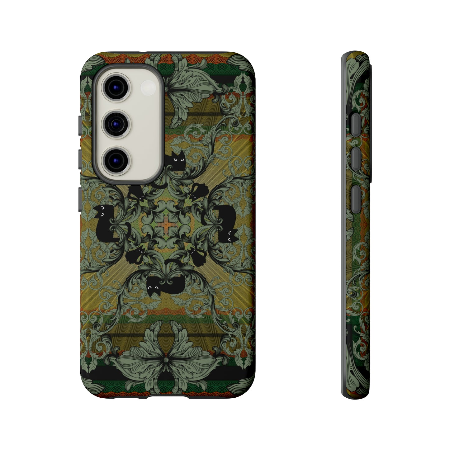 Tough Case - iPhone - Samsung - cats and filigree - green/orange/yellow - black cat