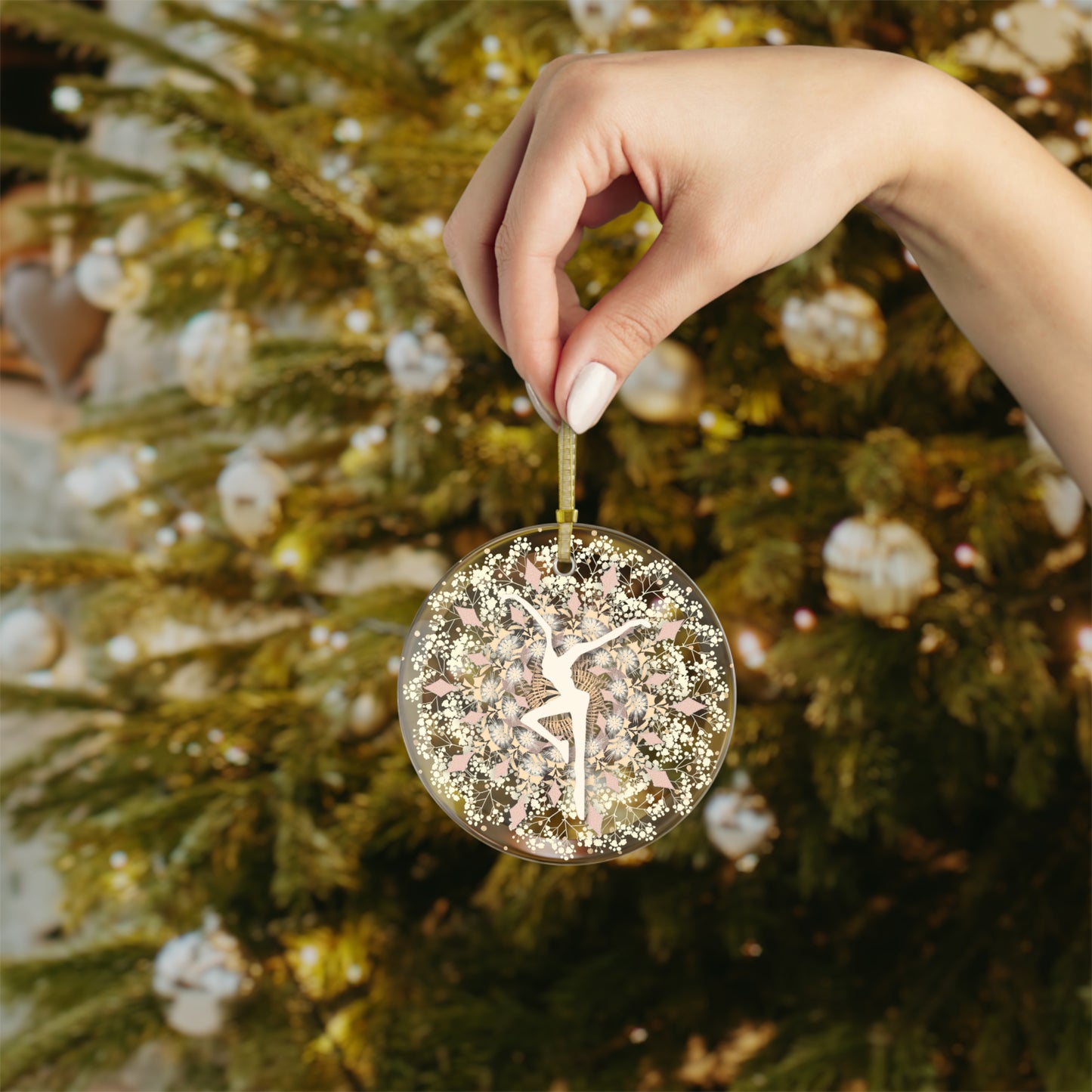 glass ornament -- DMB -- fd -- mandala flower -- fire dancer -- pink/ivory