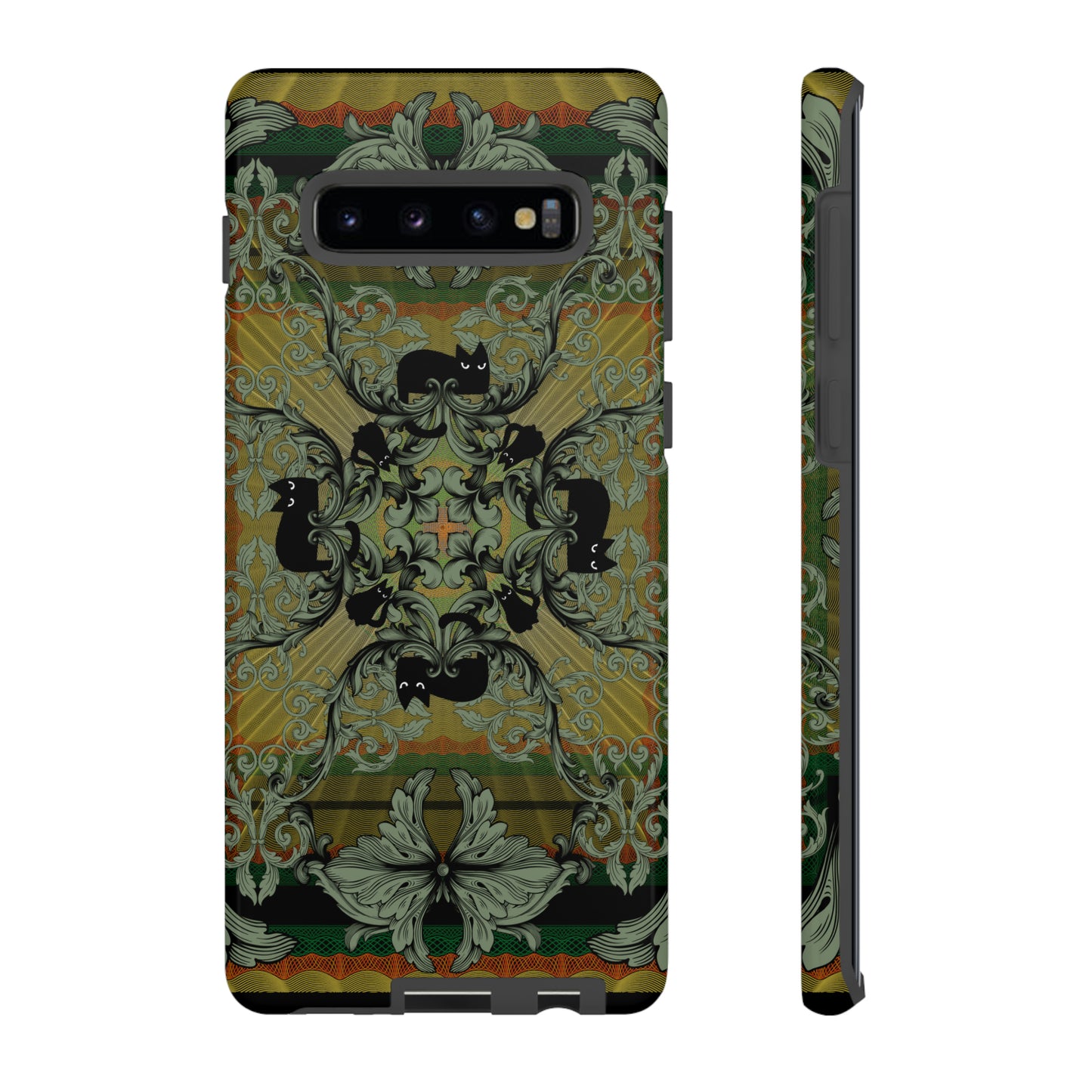 Tough Case - iPhone - Samsung - cats and filigree - green/orange/yellow - black cat