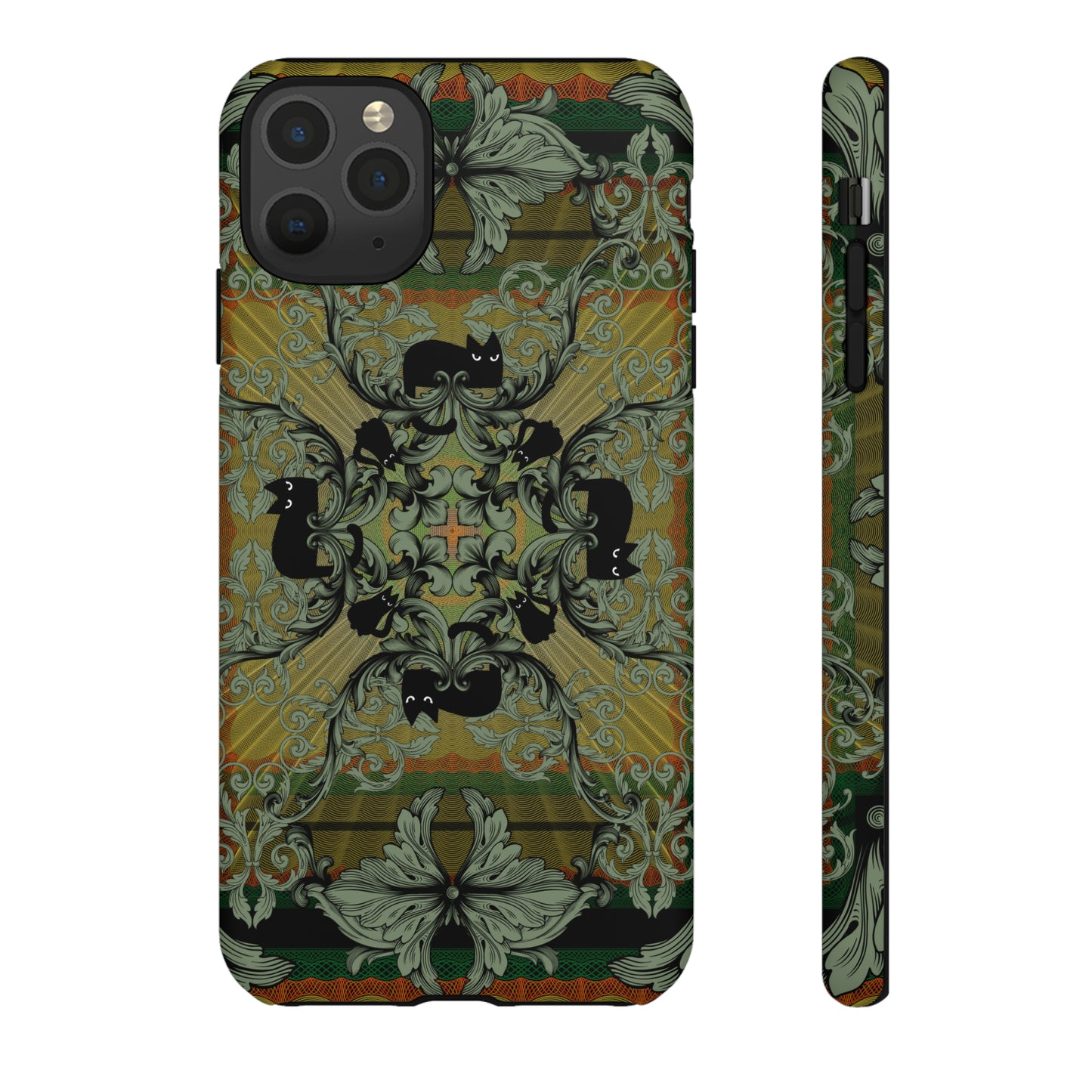 Tough Case - iPhone - Samsung - cats and filigree - green/orange/yellow - black cat