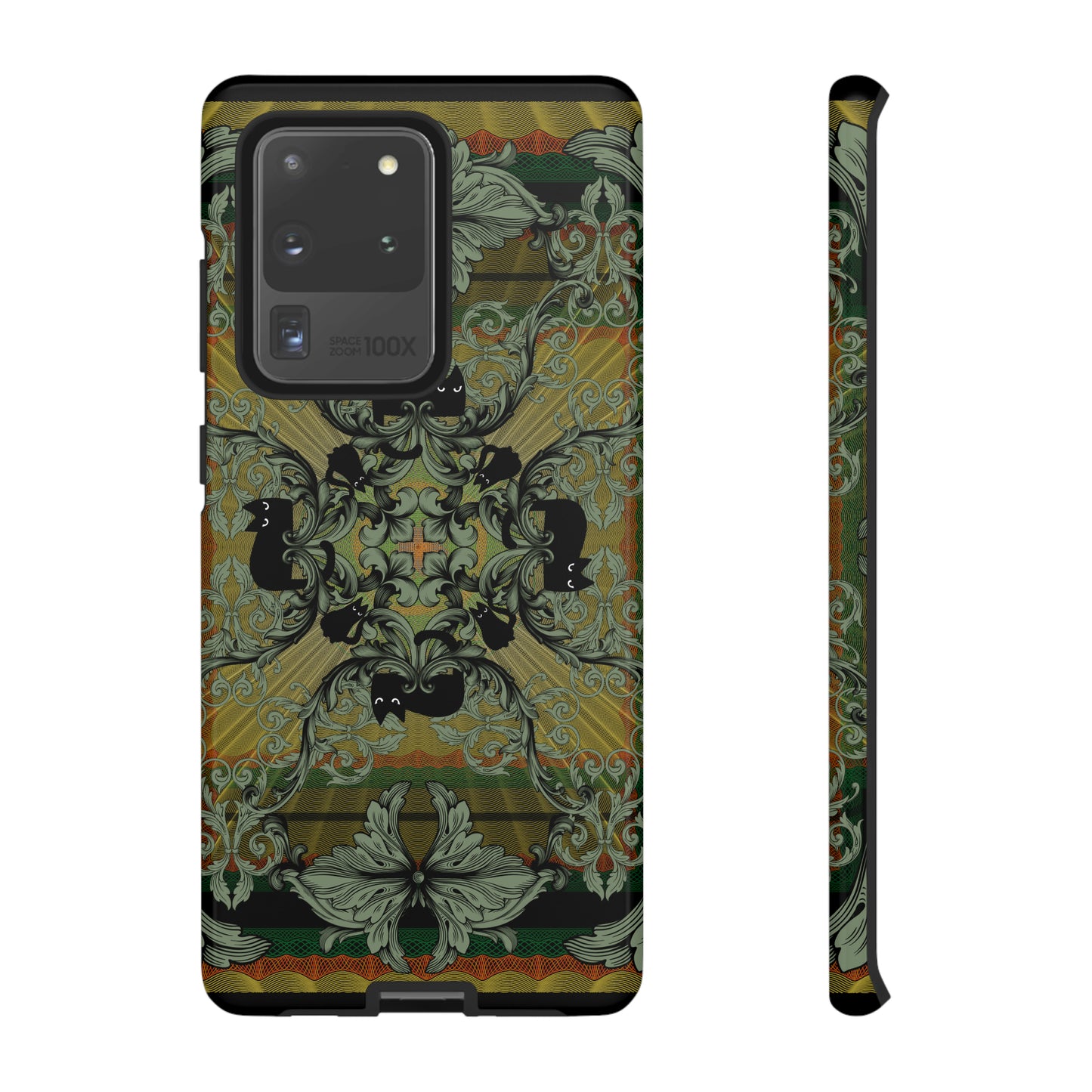 Tough Case - iPhone - Samsung - cats and filigree - green/orange/yellow - black cat