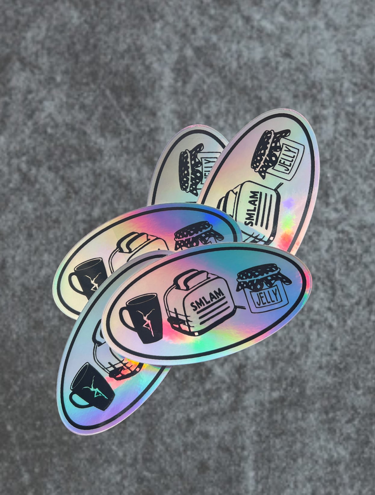 sticker - dmb - smlam - coffee toast and jelly - rainbow holographic foil - 5" oval