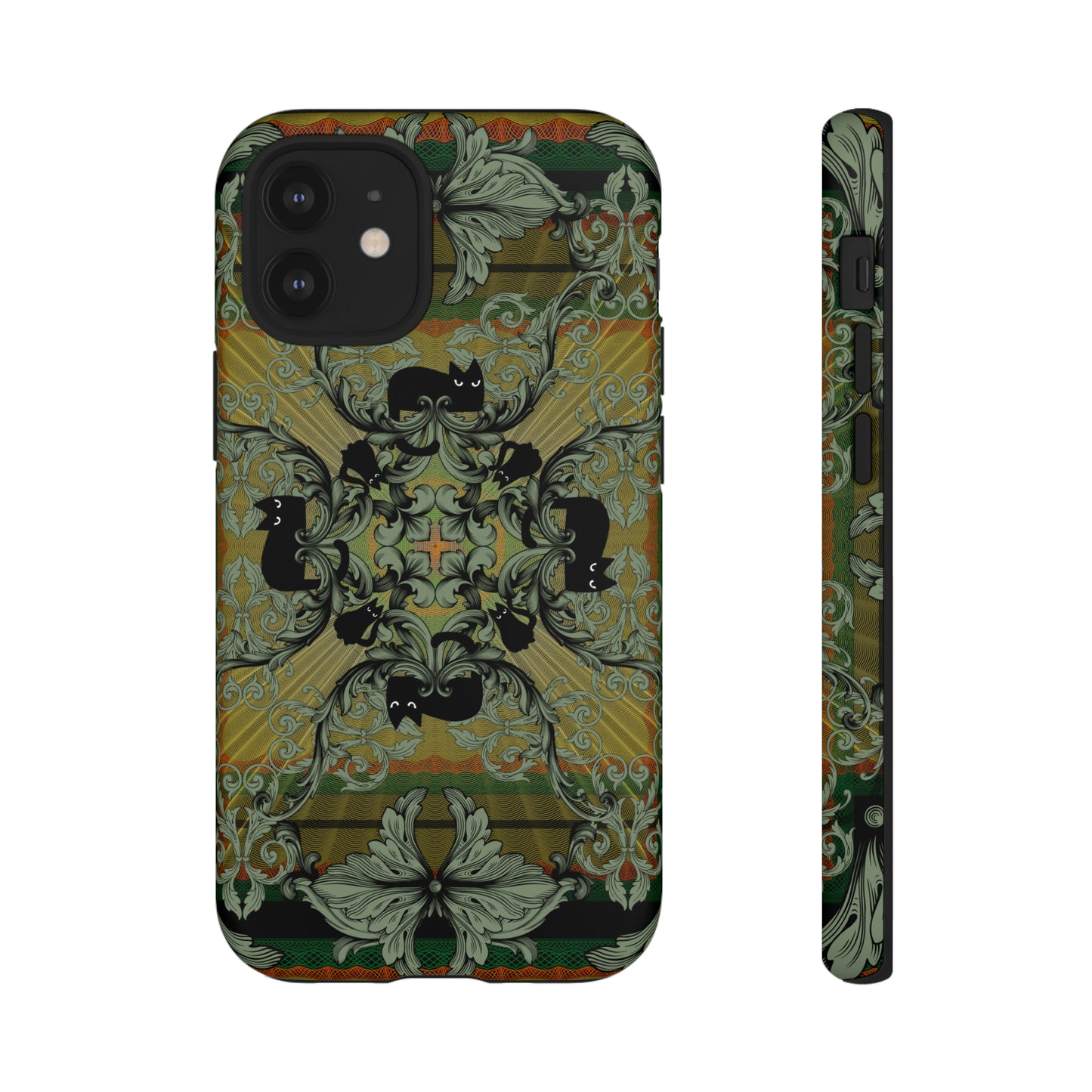 Tough Case - iPhone - Samsung - cats and filigree - green/orange/yellow - black cat