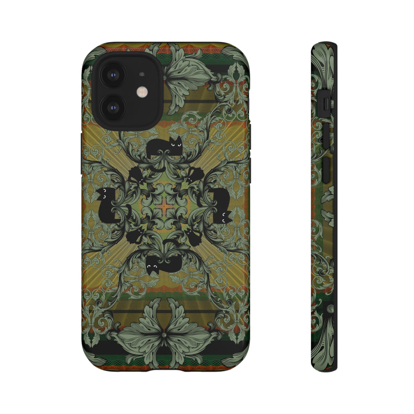 Tough Case - iPhone - Samsung - cats and filigree - green/orange/yellow - black cat