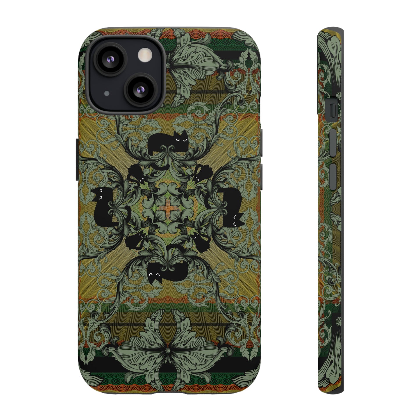 Tough Case - iPhone - Samsung - cats and filigree - green/orange/yellow - black cat